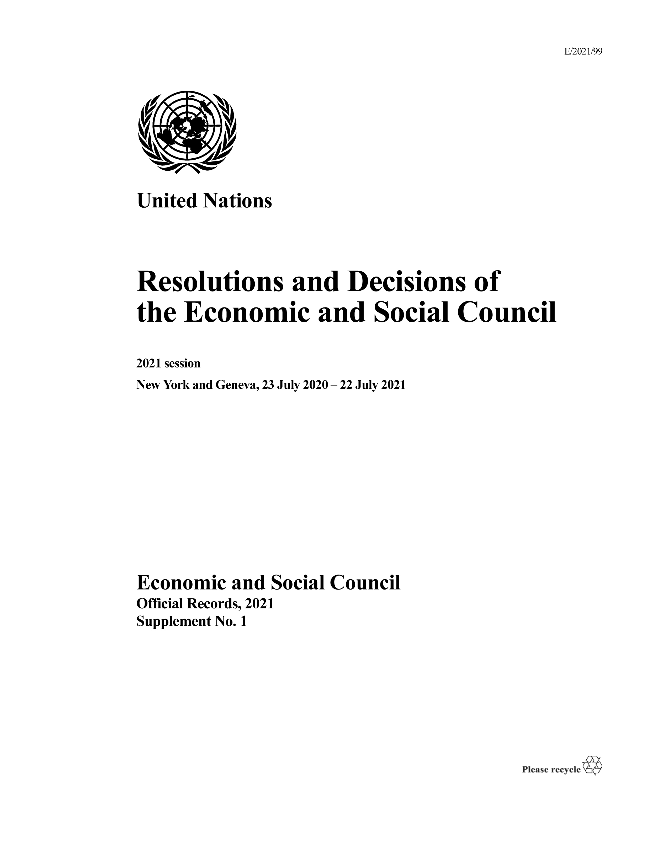 image of Resolutions and Decisions of the Economic and Social Council: 2021 Session