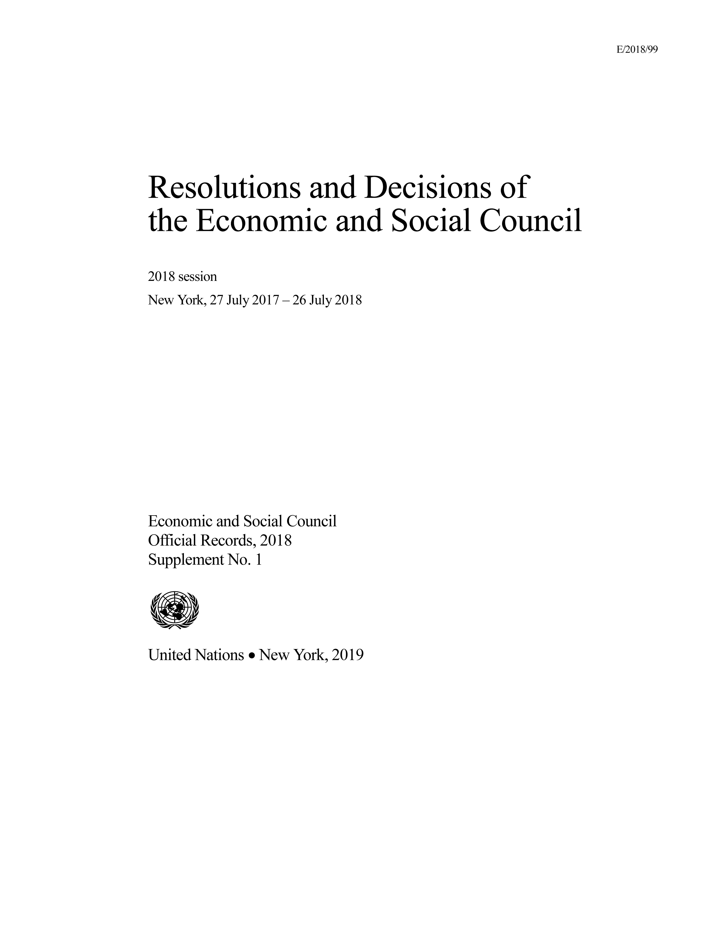 image of Resolutions and Decisions of the Economic and Social Council: 2018 Session
