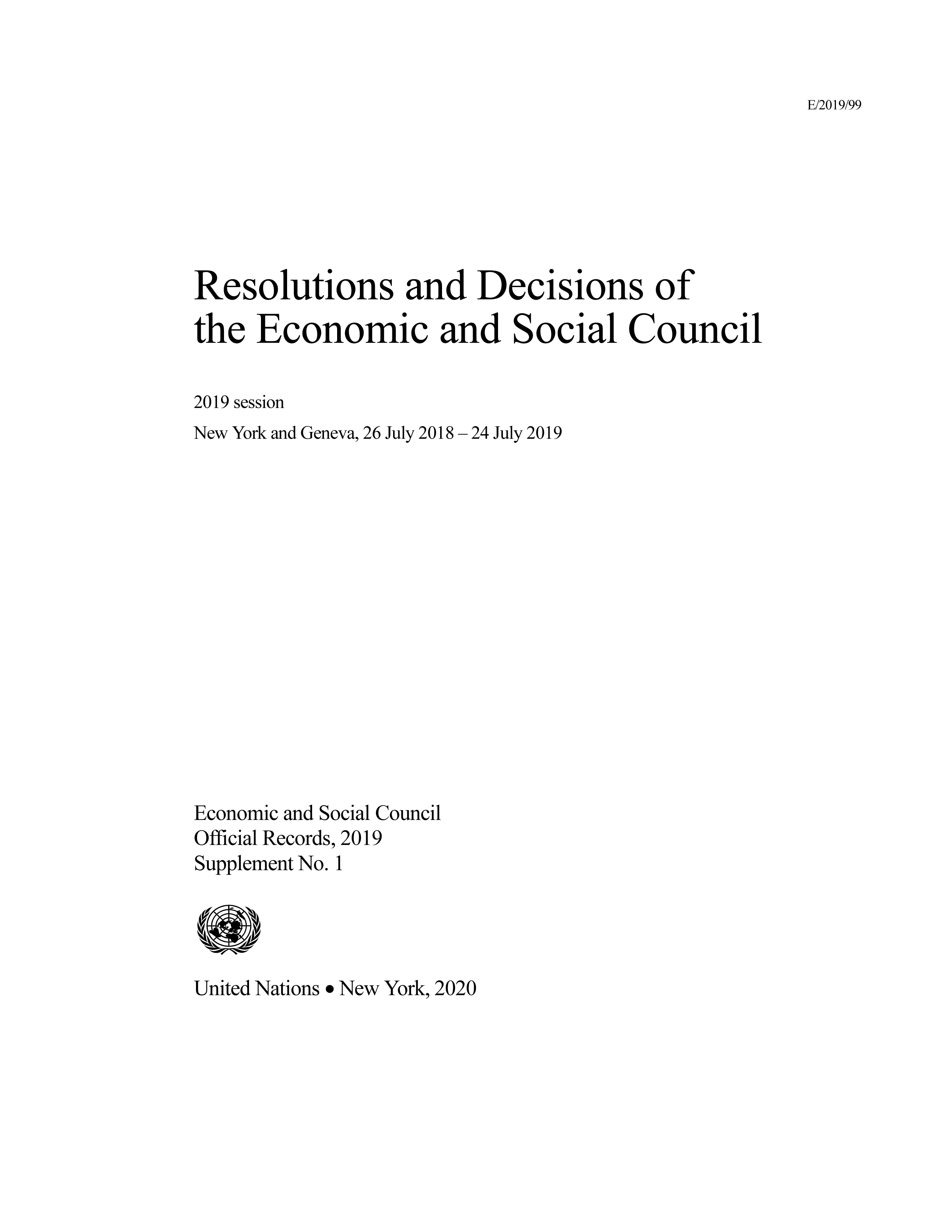 image of Resolutions and Decisions of the Economic and Social Council: 2019 Session