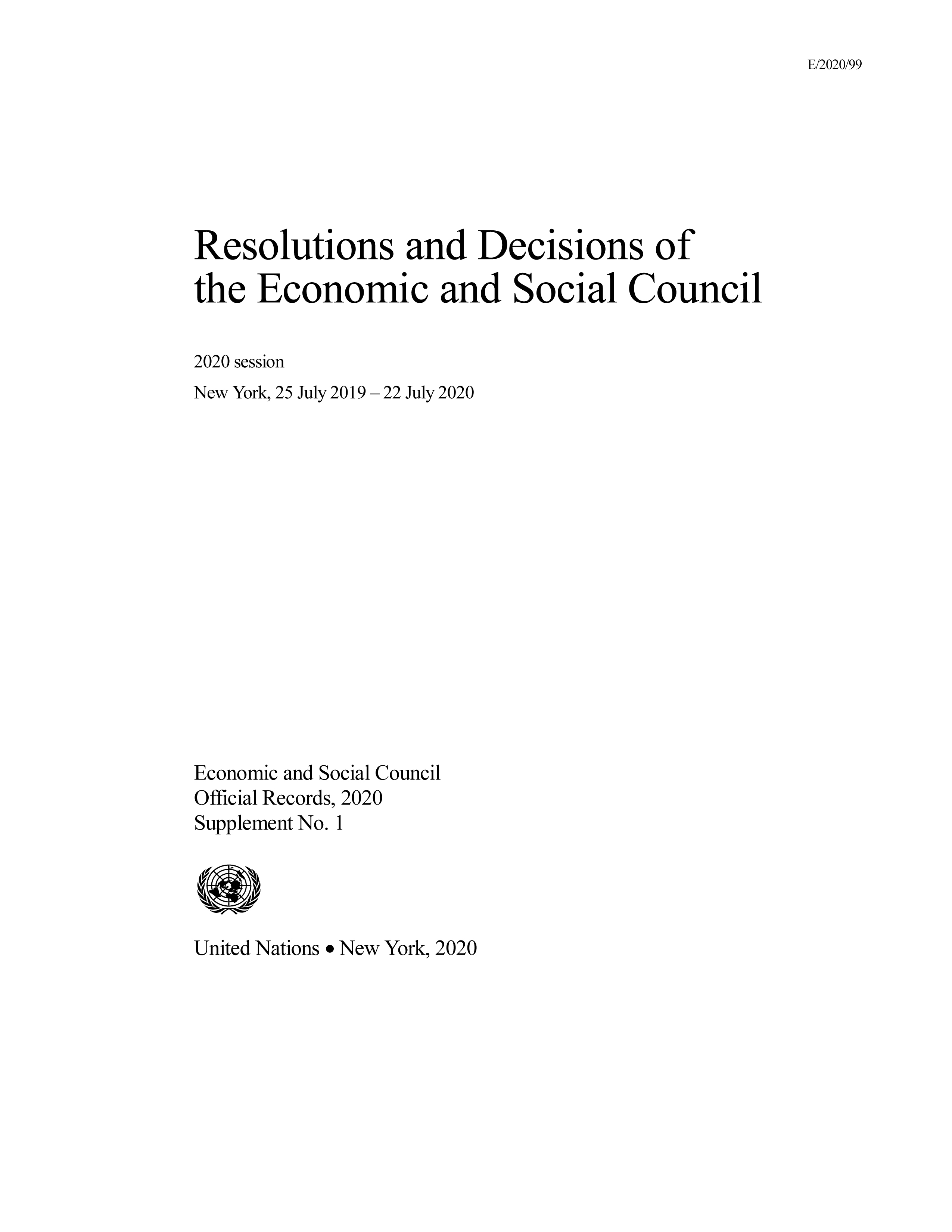 image of Resolutions and Decisions of the Economic and Social Council: 2020 Session