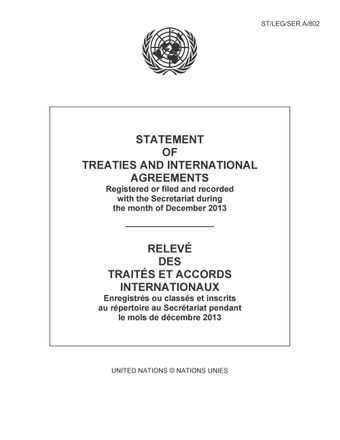 image of Relevé des Traités et Accords Internationaux: Enregistrés ou Classés et Inscrits au Répertoire au Secrétariat pendant le Mois de Décembre 2013