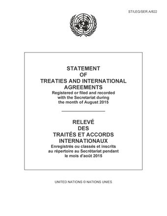 image of Original treaties and international agreements registered during the month of August 2015: Nos. 52799 to 52885