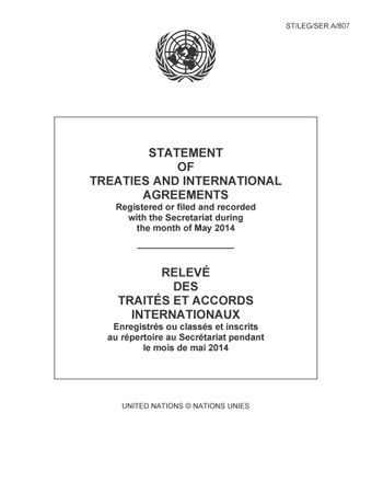 image of Relevé des Traités et Accords Internationaux: Enregistrés ou Classés et Inscrits au Répertoire au Secrétariat pendant le Mois de Mai 2014