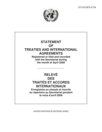 image of Relevé des Traités et Accords Internationaux Enregistrés ou Classés et Inscrits au Répertoire au Secrétariat Pendant le Mois d'Avril 2008