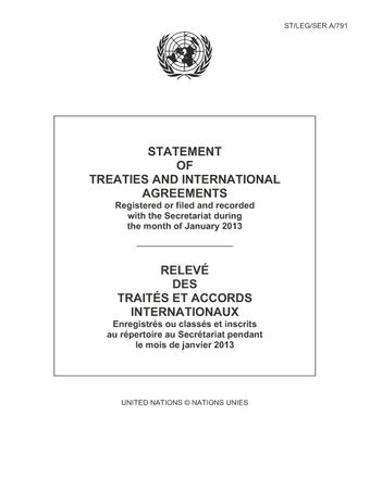 image of Original treaties and international agreements registered during the month of January 2013: Nos. 50320 to 50414