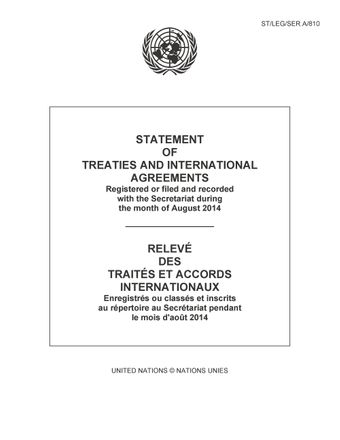 image of Relevé des Traités et Accords Internationaux: Enregistrés ou Classés et Inscrits au Répertoire au Secrétariat Pendant le Mois d'Août 2014