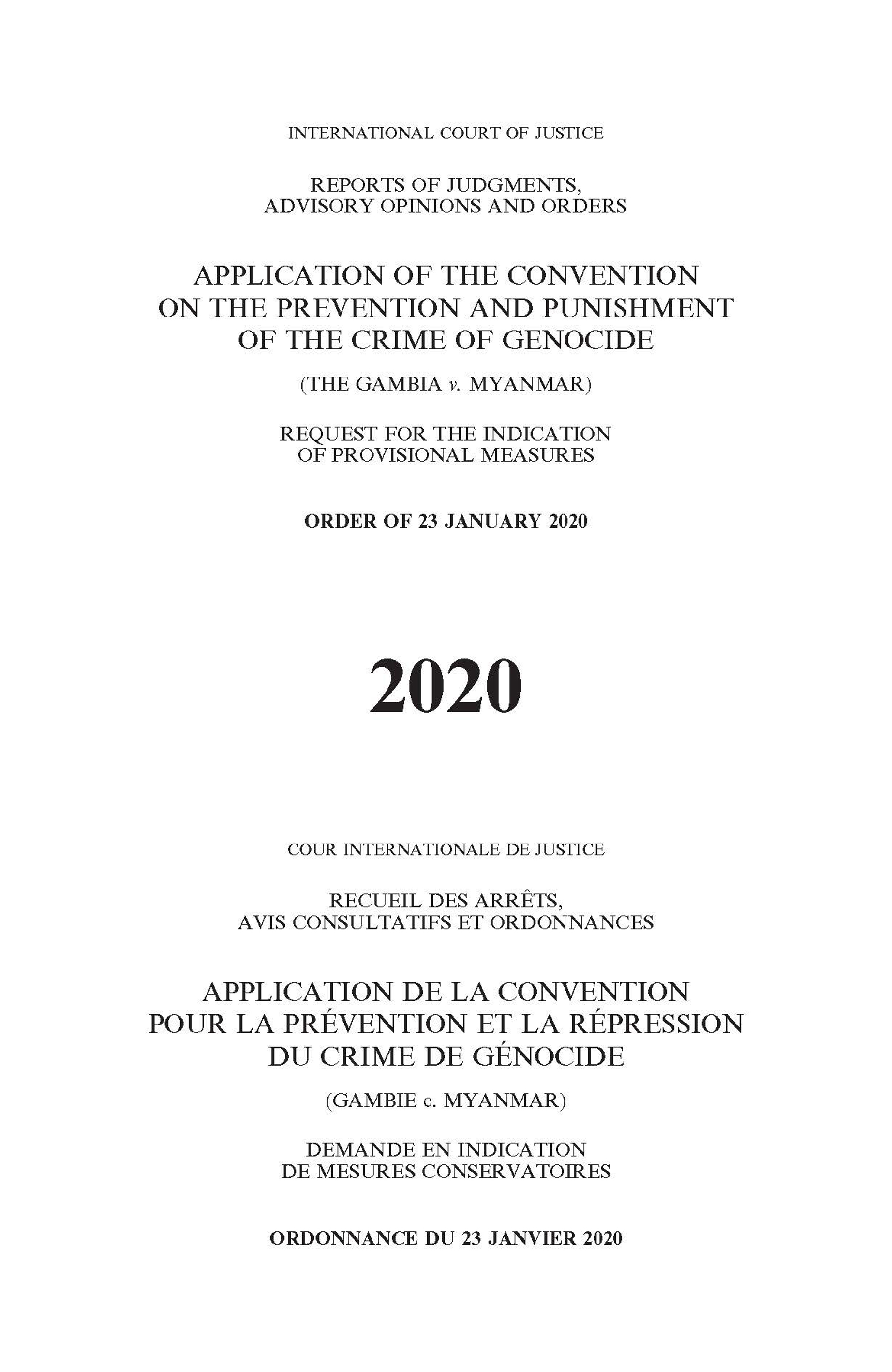 image of Reports of Judgments, Advisory Opinions and Orders 2020: Application of the Convention on the Prevention and Punishment of the Crime of Genocide (The Gambia v. Myanmar)