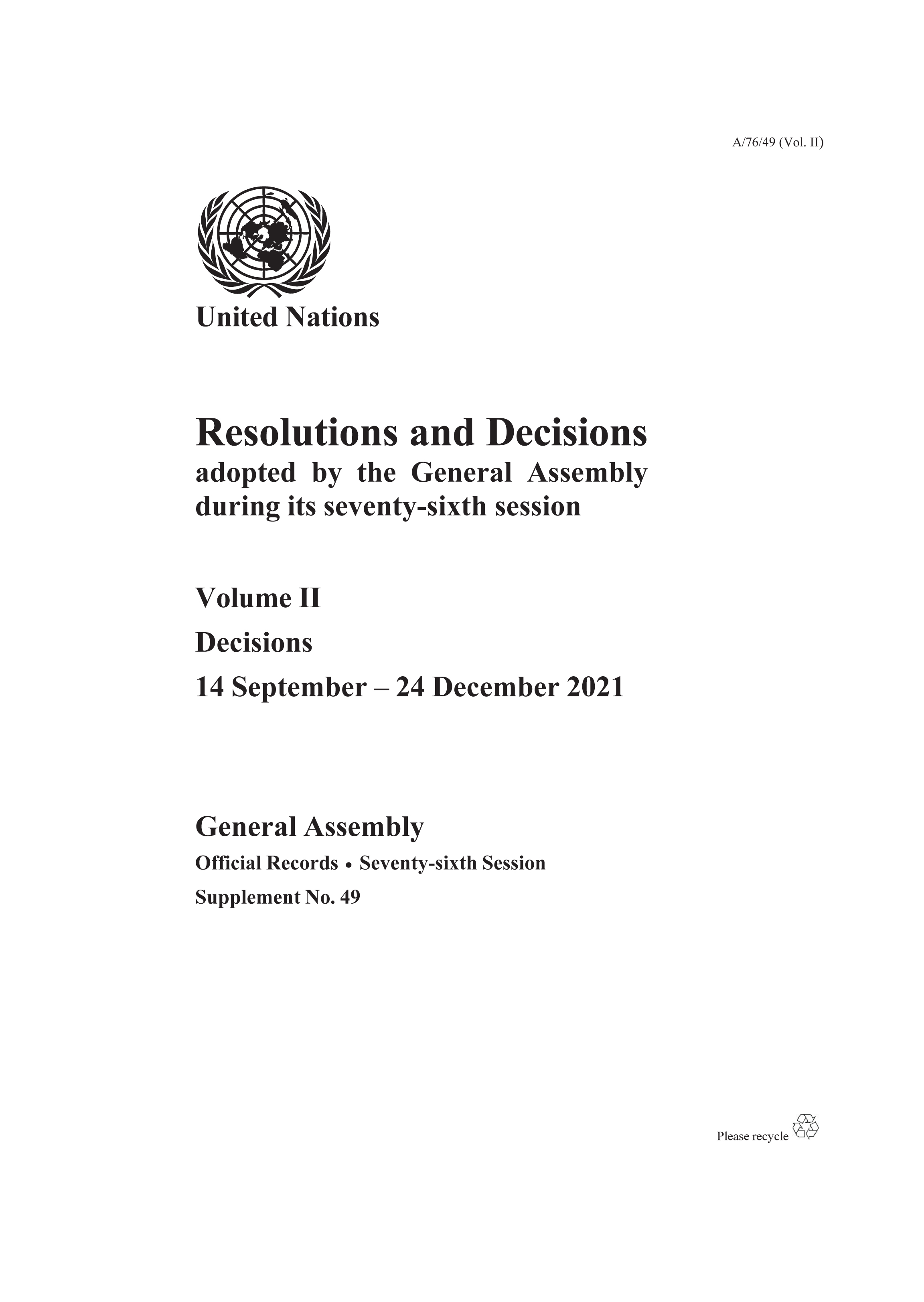 image of Resolutions and Decisions Adopted by the General Assembly During its Seventy-sixth Session: Volume II