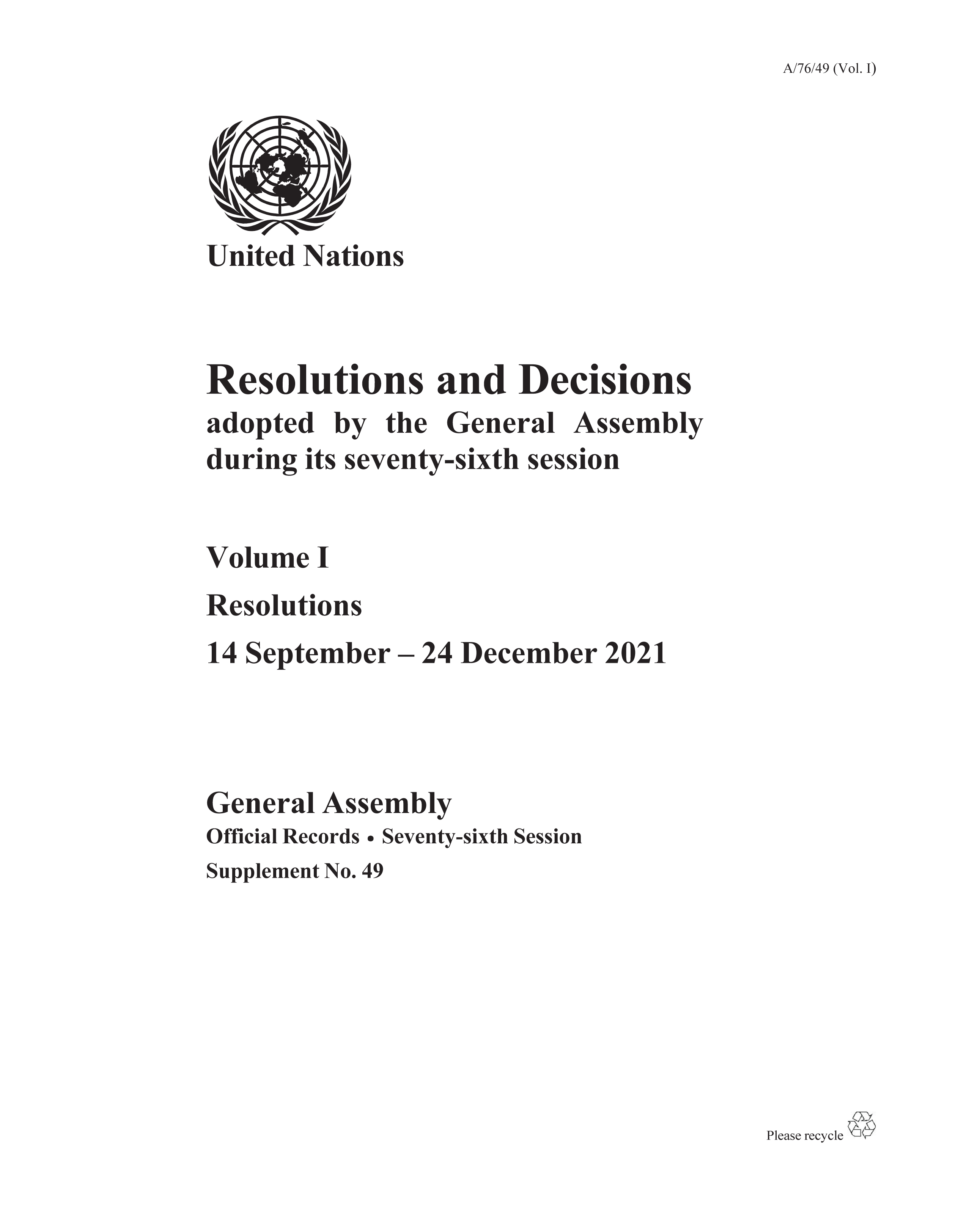 image of Resolutions and Decisions Adopted by the General Assembly During its Seventy-sixth Session: Volume I