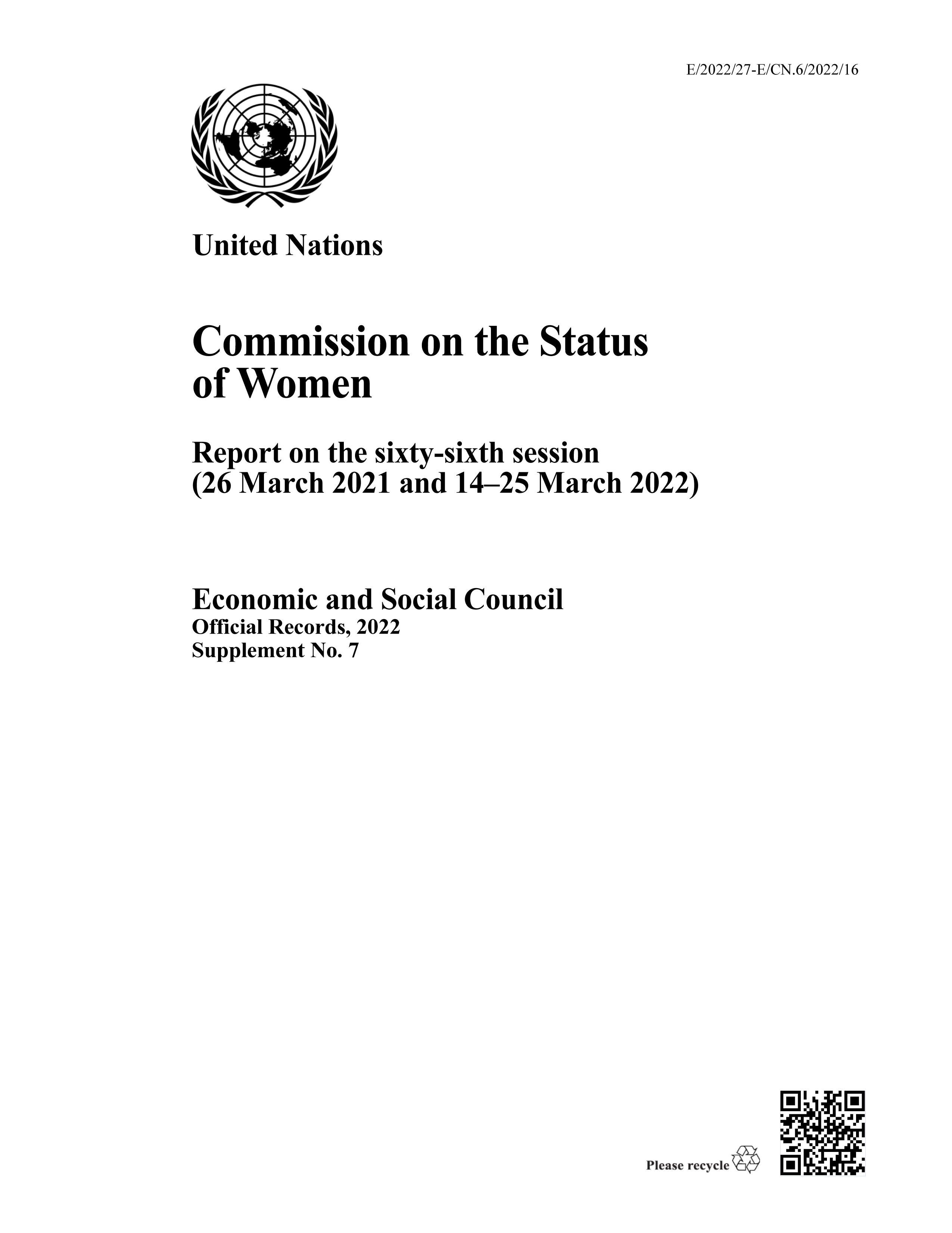 image of Report of the Commission on the Status of Women 2022