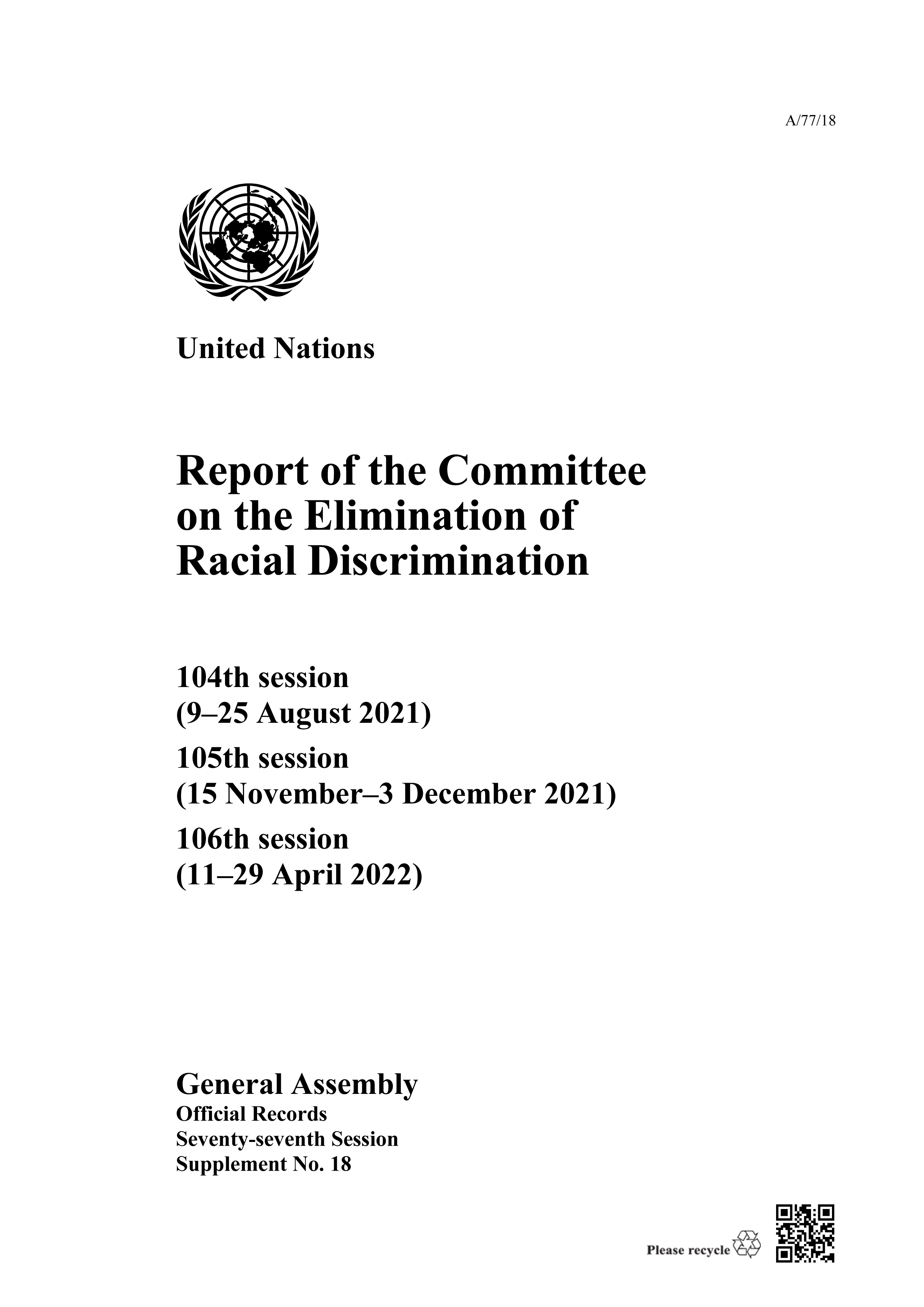 image of Report of the Committee on the Elimination of Racial Discrimination, Seventy-seventh Session