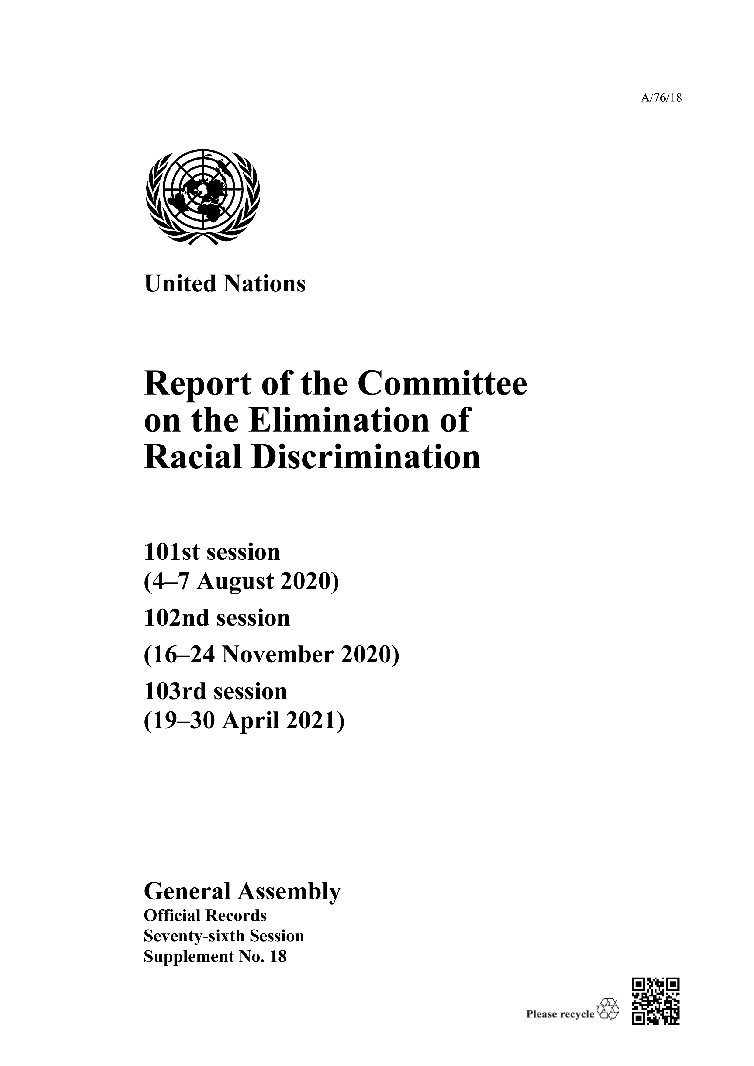 image of Report of the Committee on the Elimination of Racial Discrimination, Seventy-sixth Session