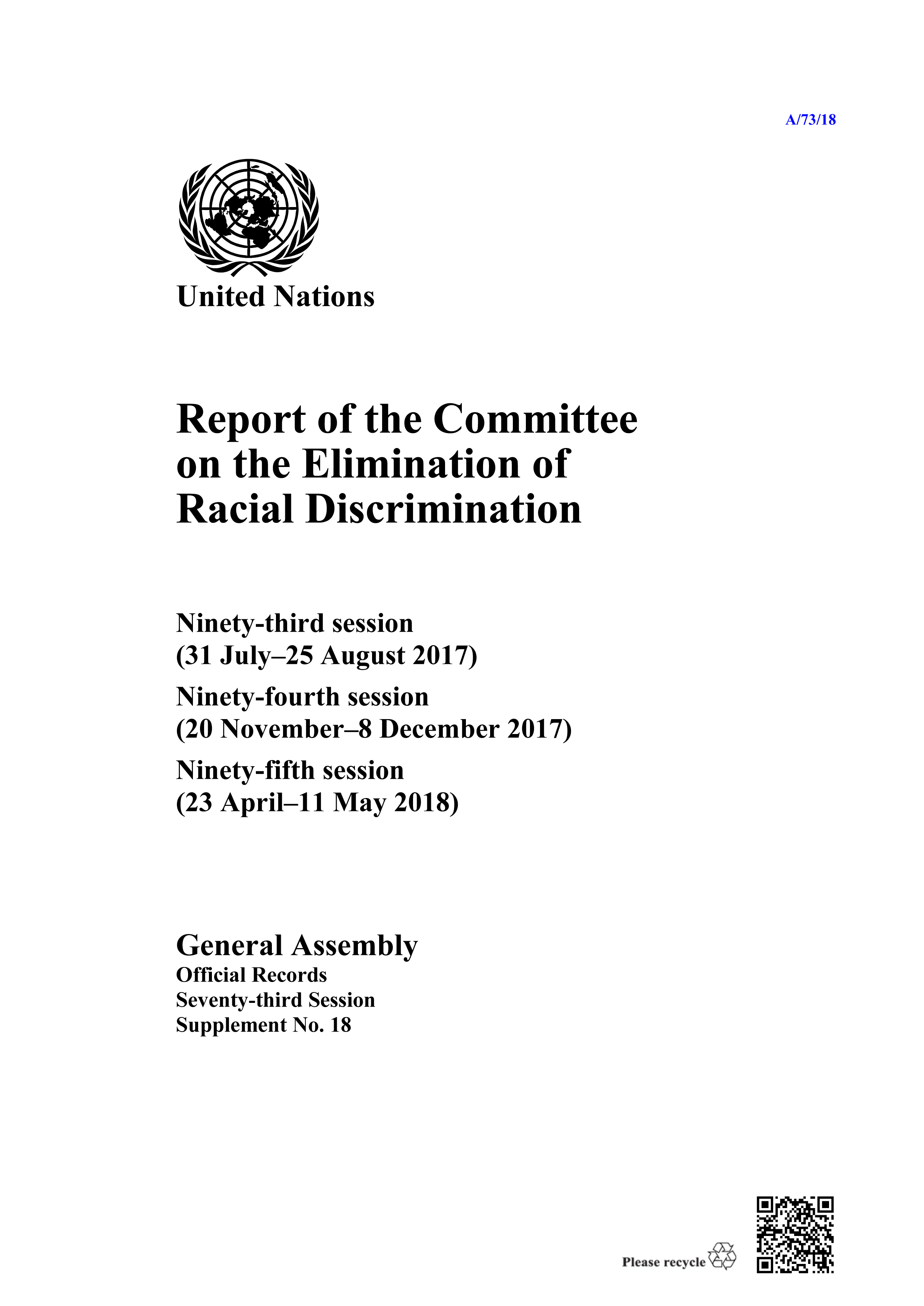 image of Report of the Committee on the Elimination of Racial Discrimination, Seventy-third Session