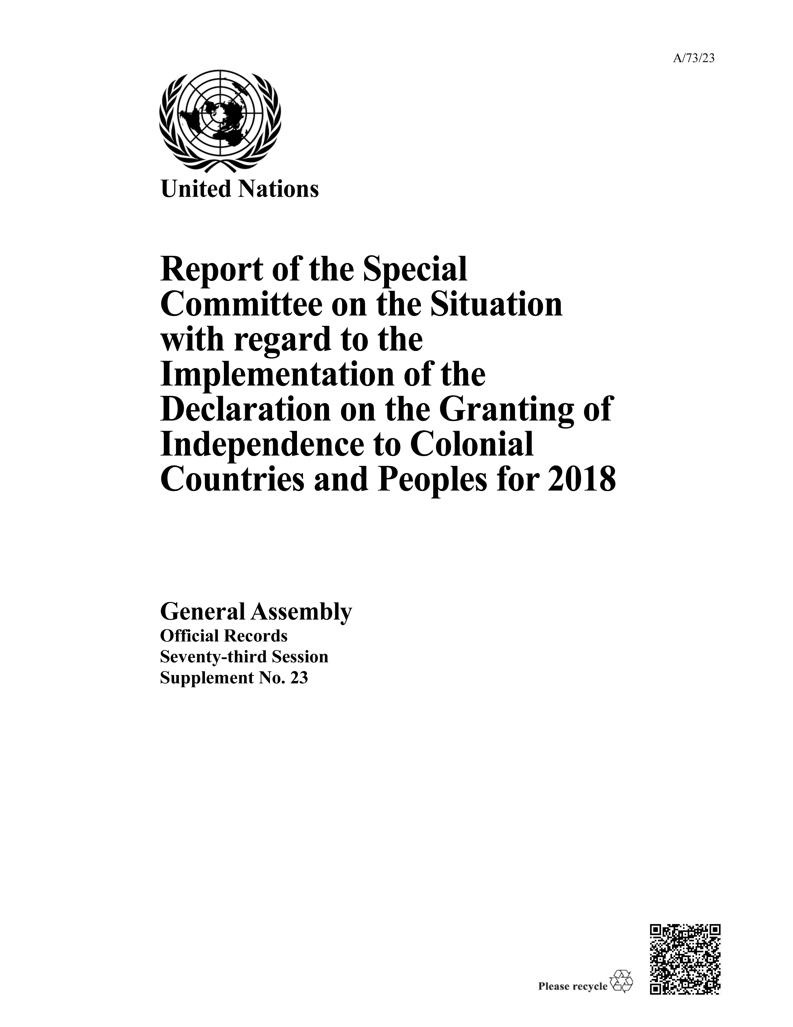 image of Report of the Special Committee on the Situation with regard to the Implementation of the Declaration on the Granting of Independence to Colonial Countries and Peoples for 2018