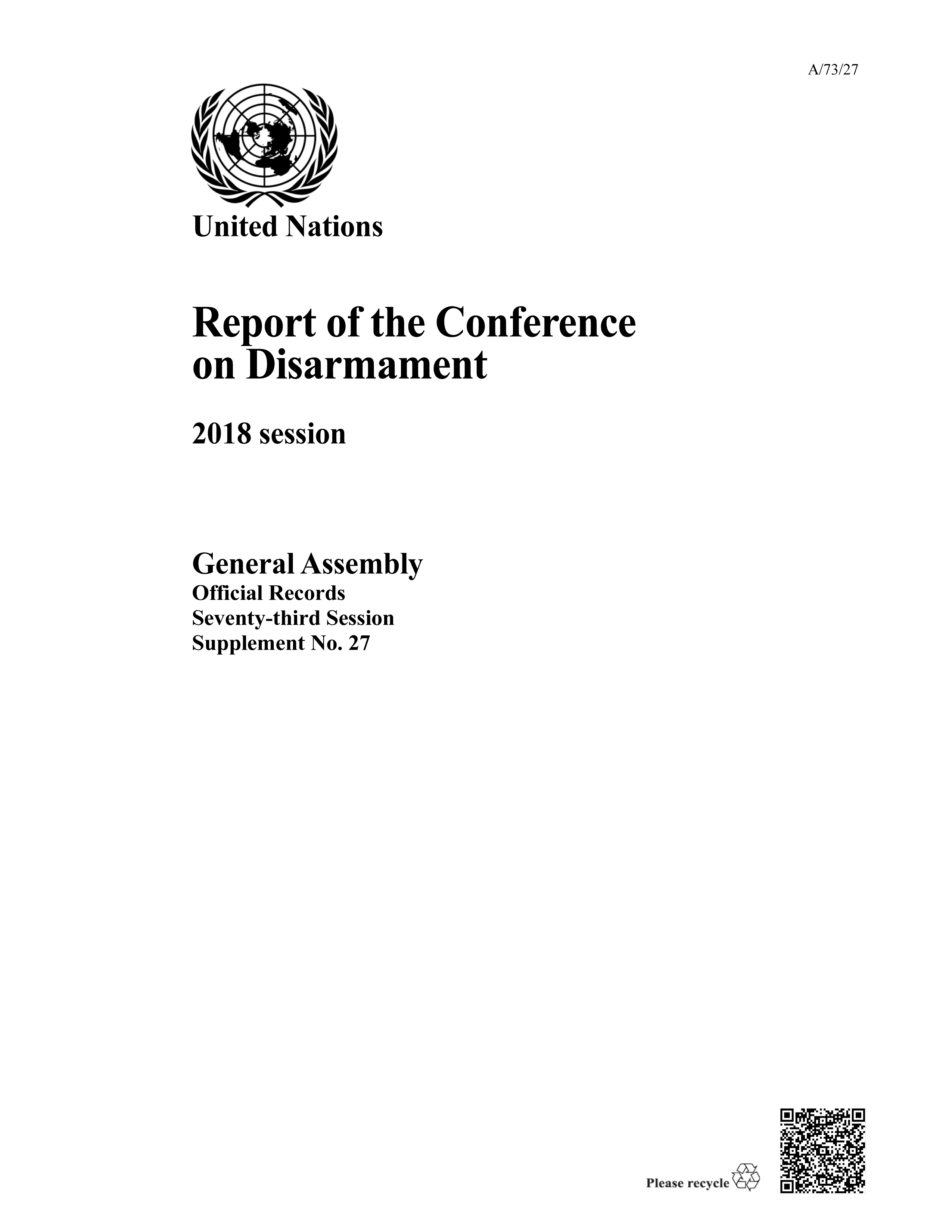 image of Report of the Conference on Disarmament: 2018 Session