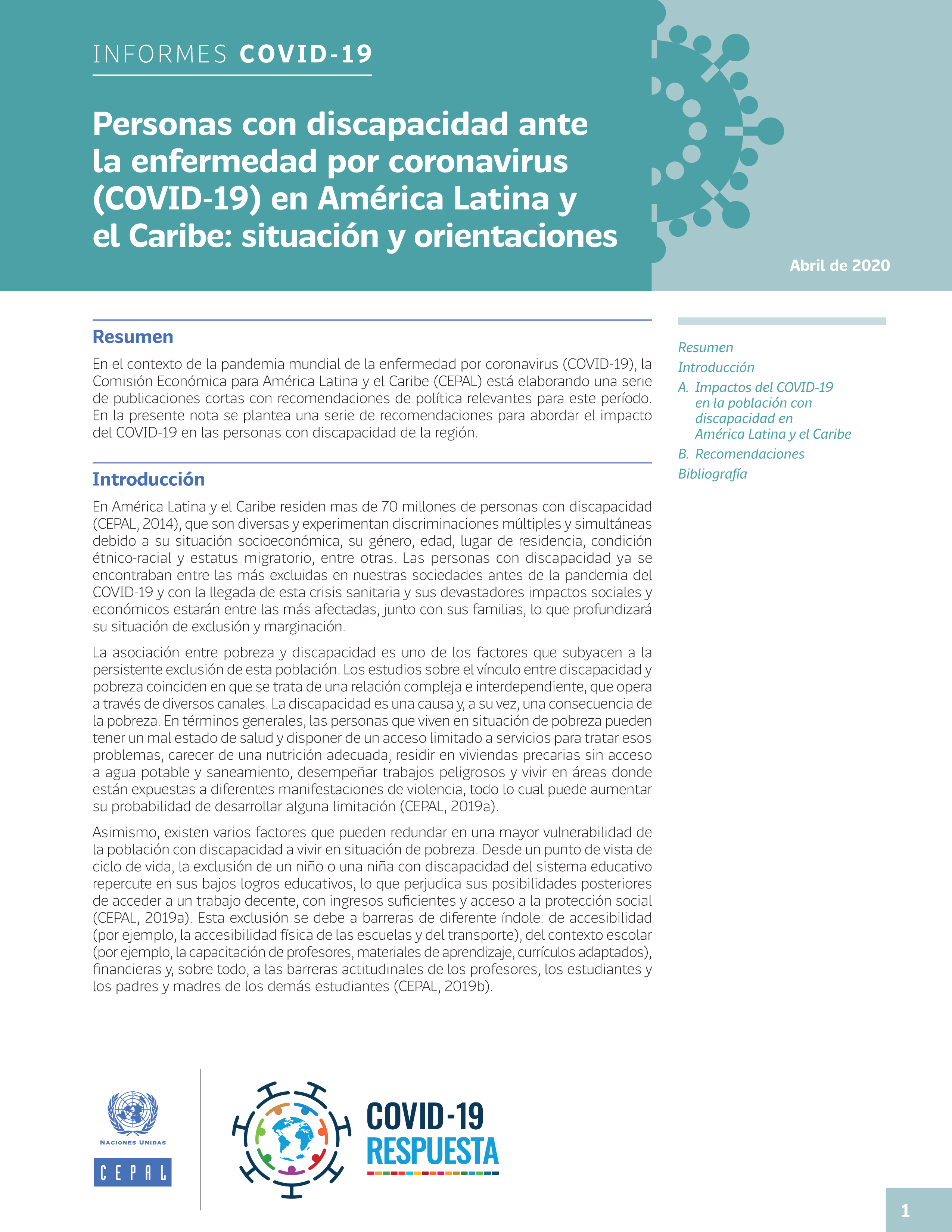 image of Personas con discapacidad ante la enfermedad por coronavirus (COVID-19) en América Latina y el Caribe: situación y orientaciones