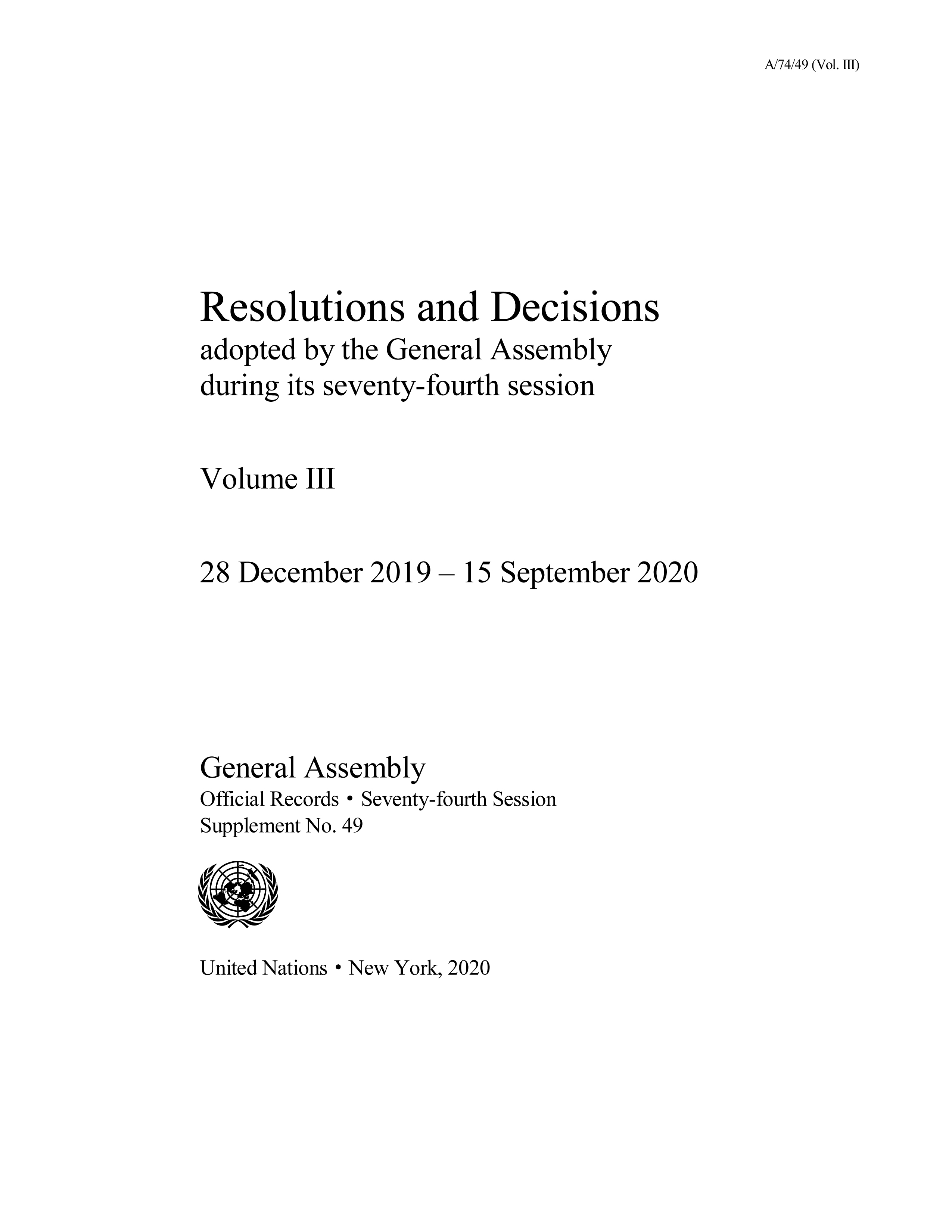 image of Resolutions and Decisions Adopted by the General Assembly During Its Seventy-Fourth Session
