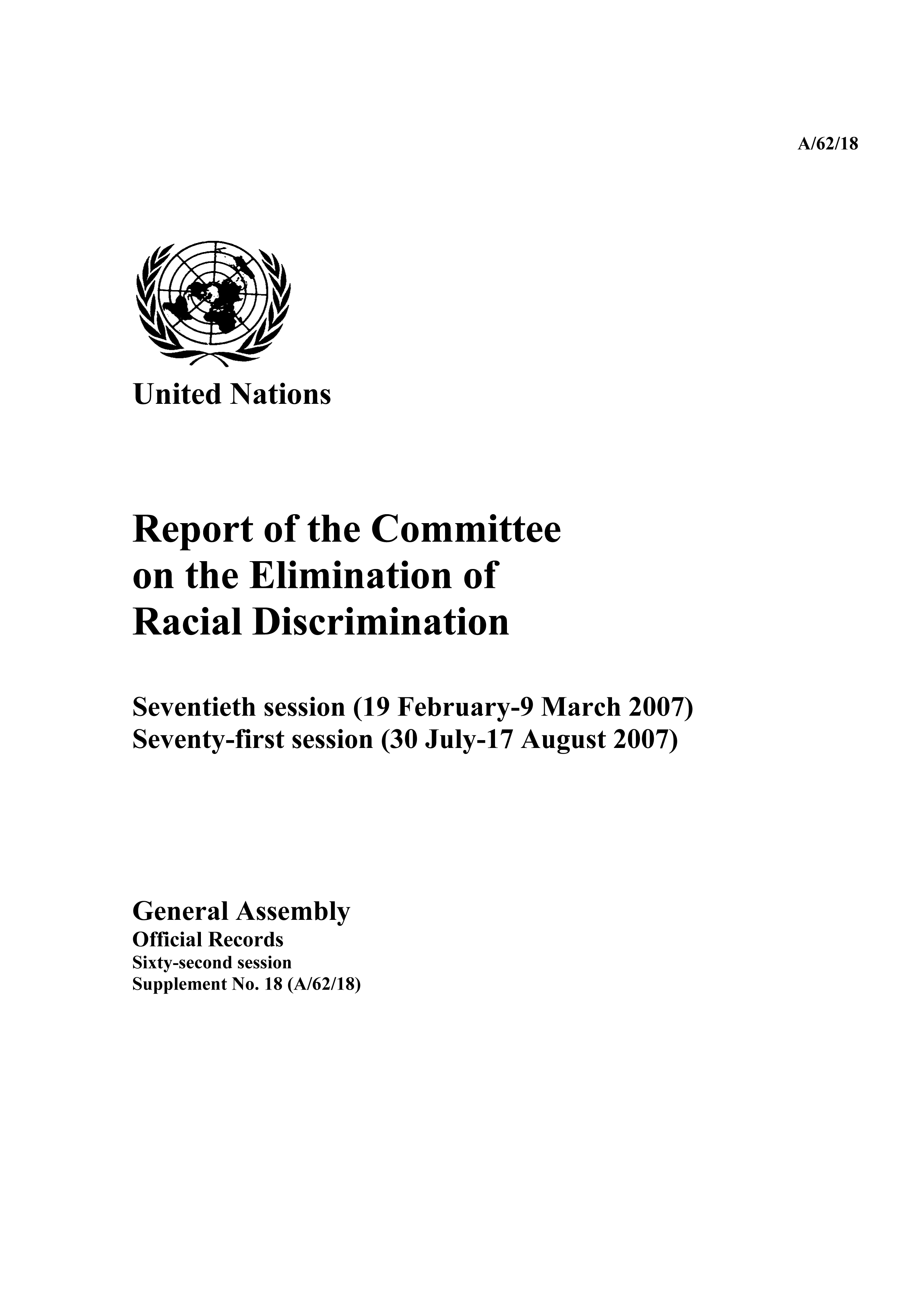 image of Report of the Committee on the Elimination of Racial Discrimination, Sixty-second Session