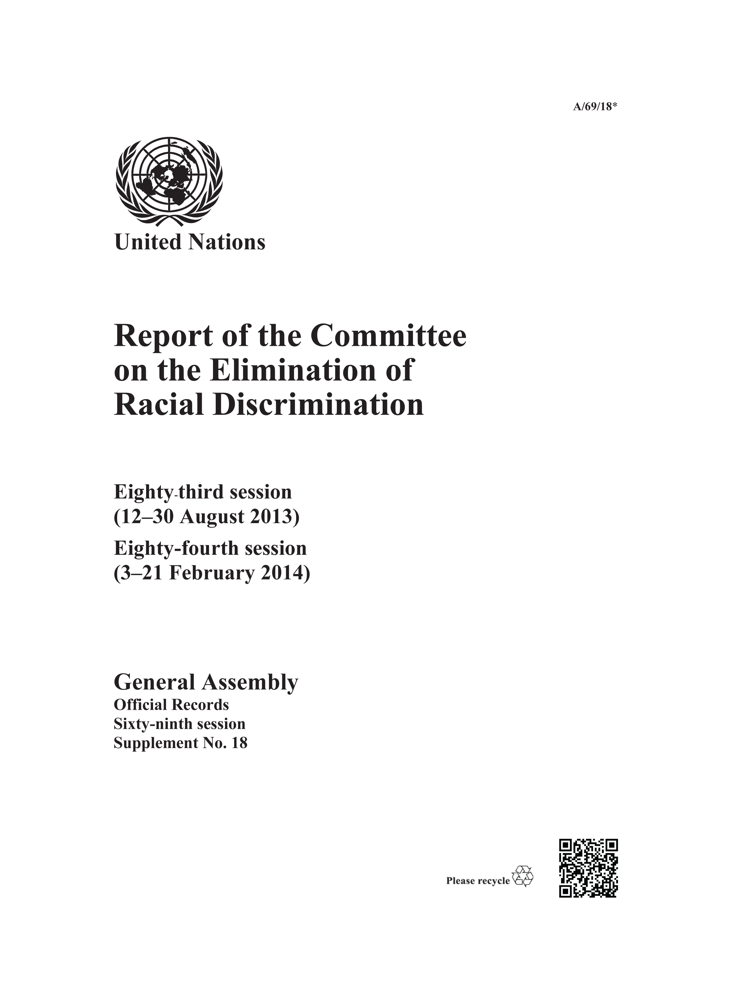 image of Report of the Committee on the Elimination of Racial Discrimination, Sixty-ninth Session