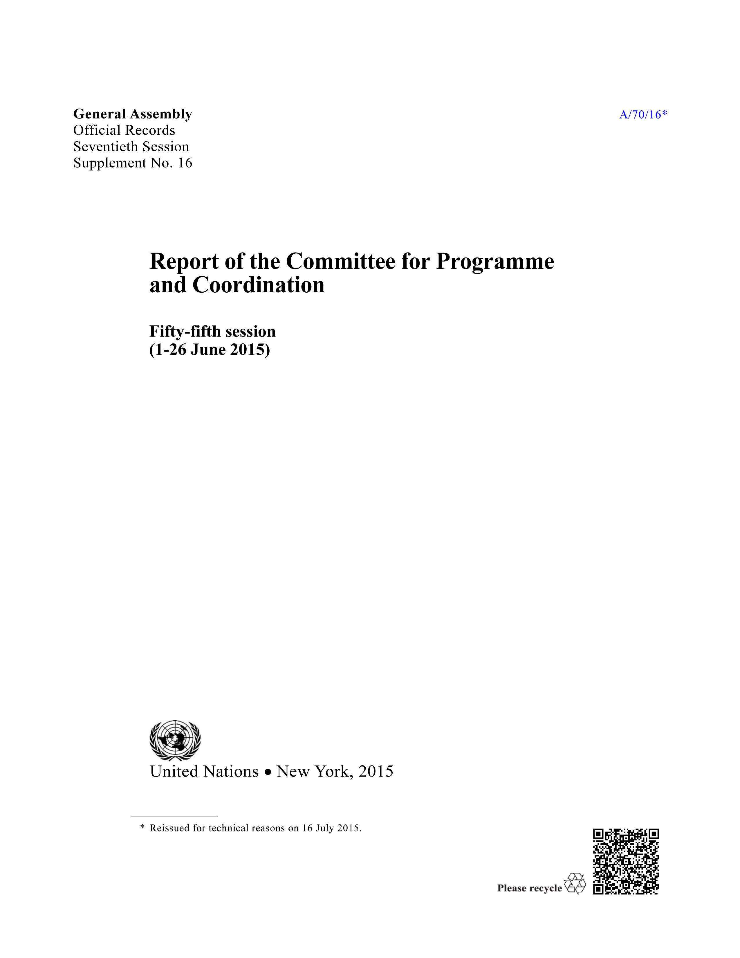 image of Report of the Committee for Programme and Coordination