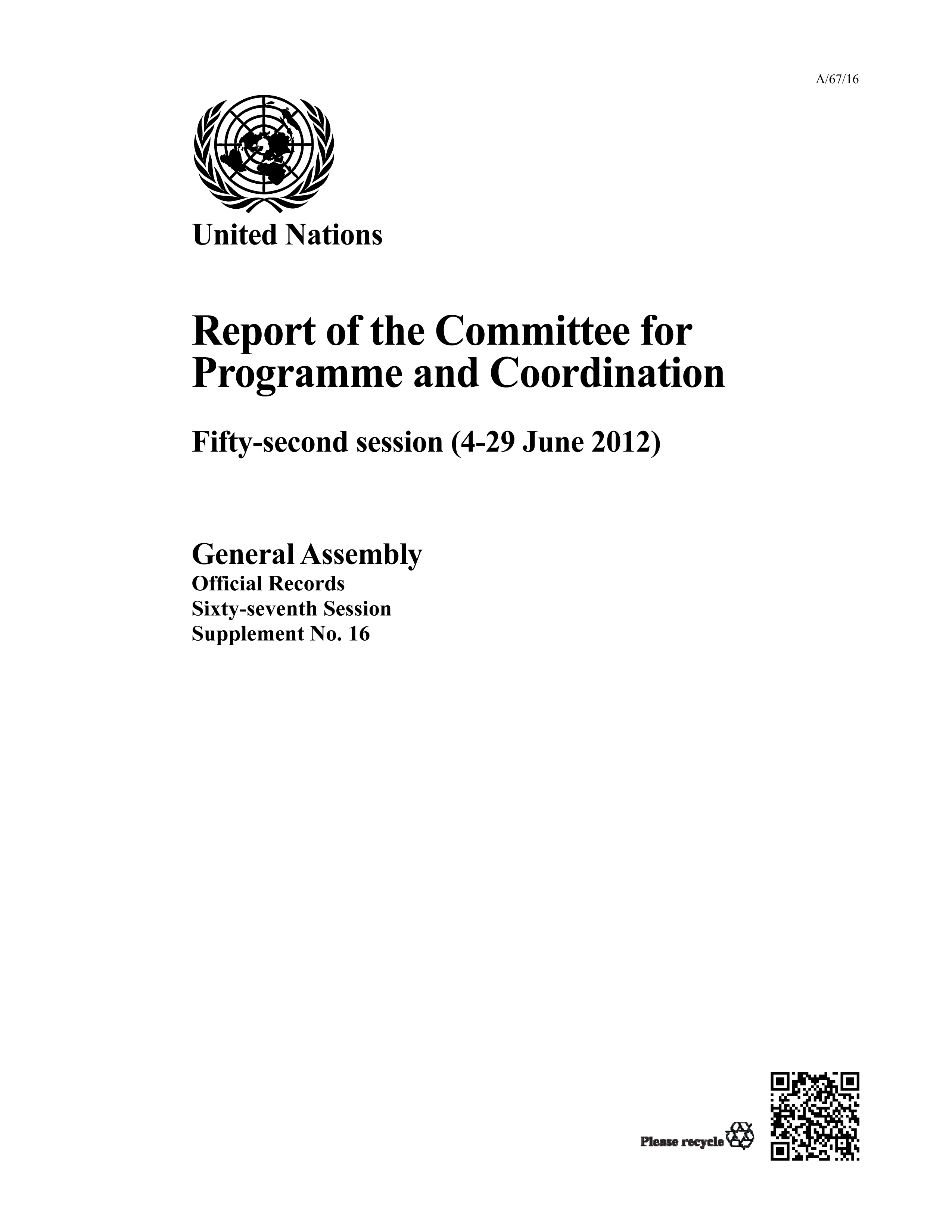 image of Report of the Committee for Programme and Coordination