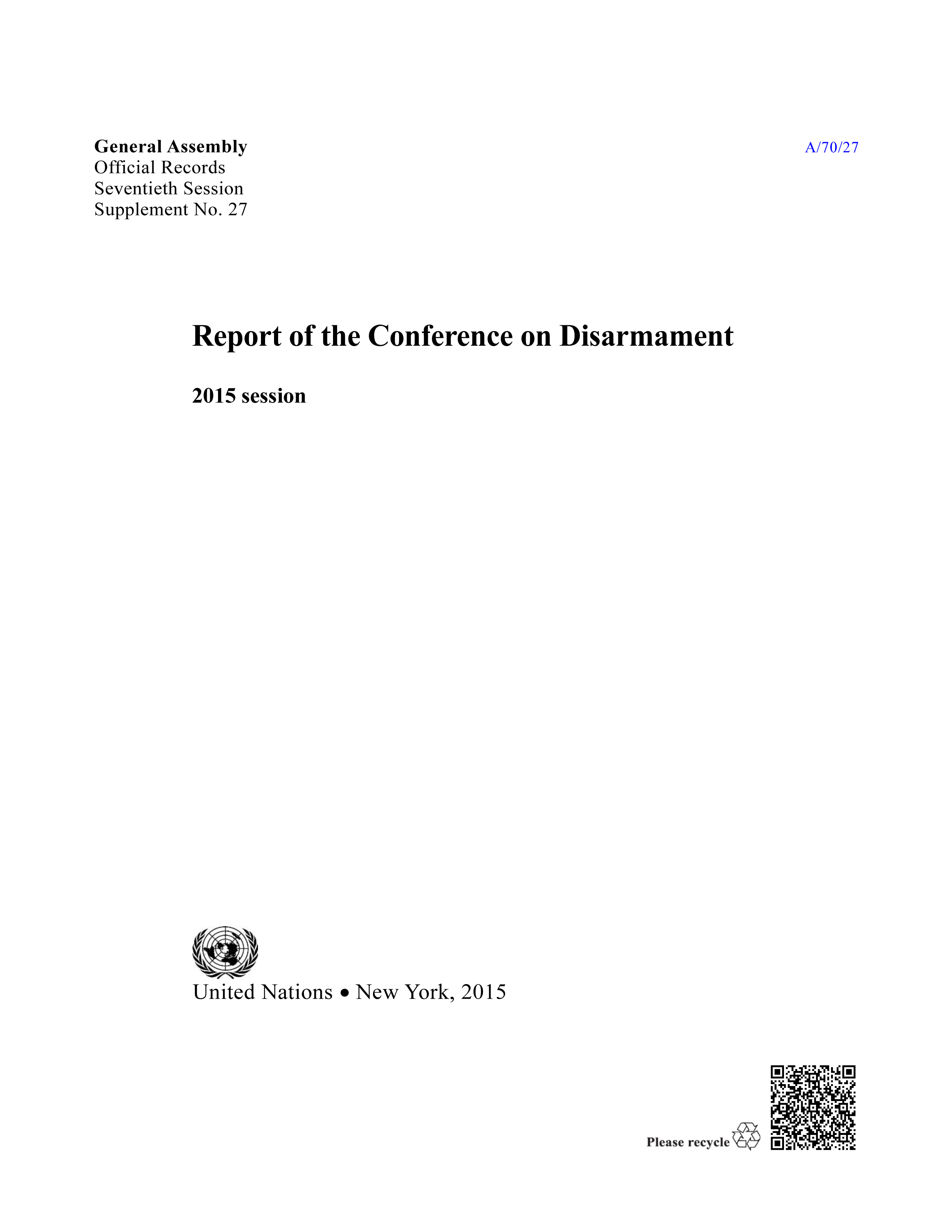 image of Report of the Conference on Disarmament: 2015 Session