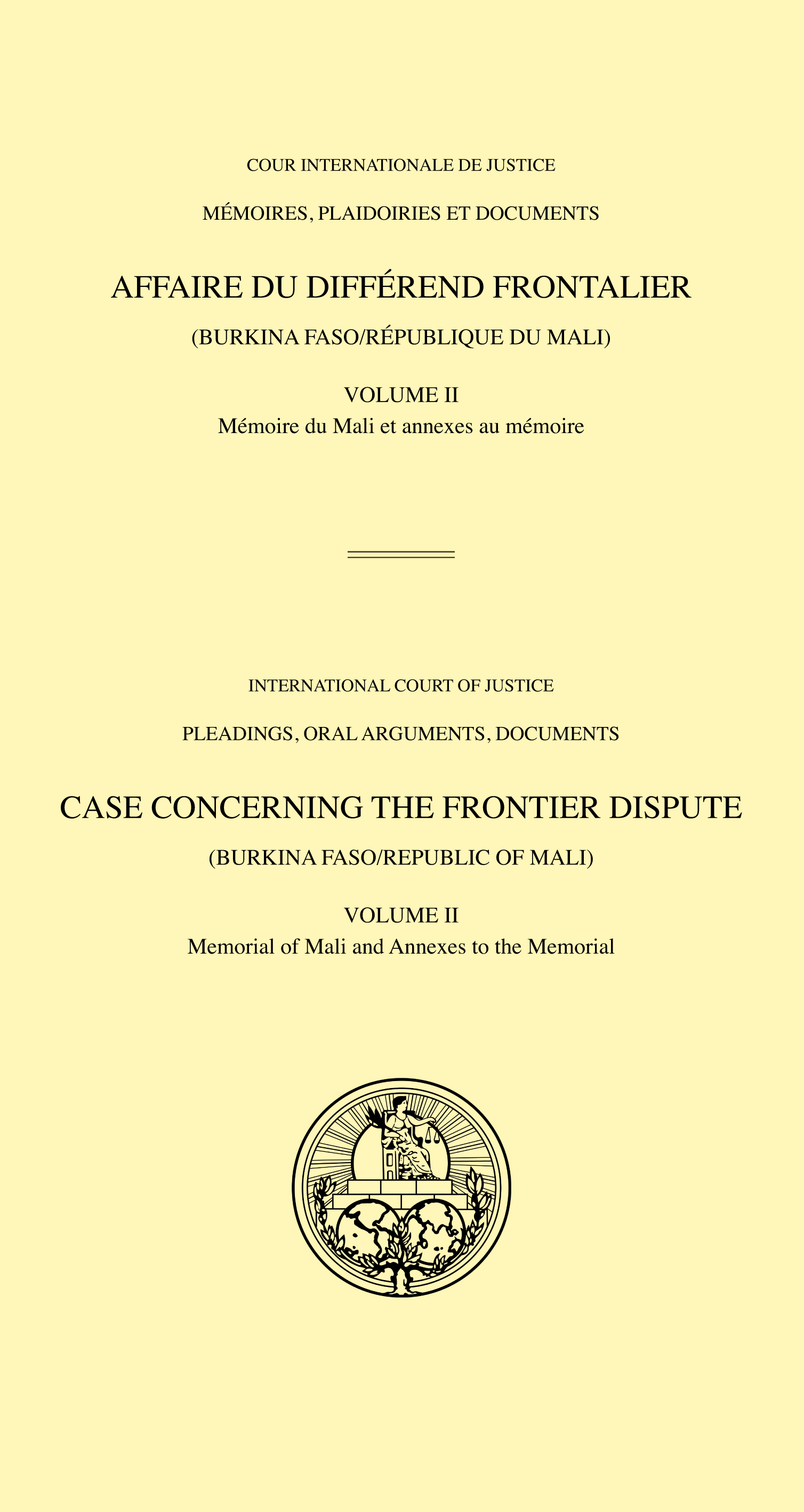 image of Affaire du Différend Frontalier (Burkina Faso/République du Mali) Volume II: Mémoire du Mali et annexes au mémoire