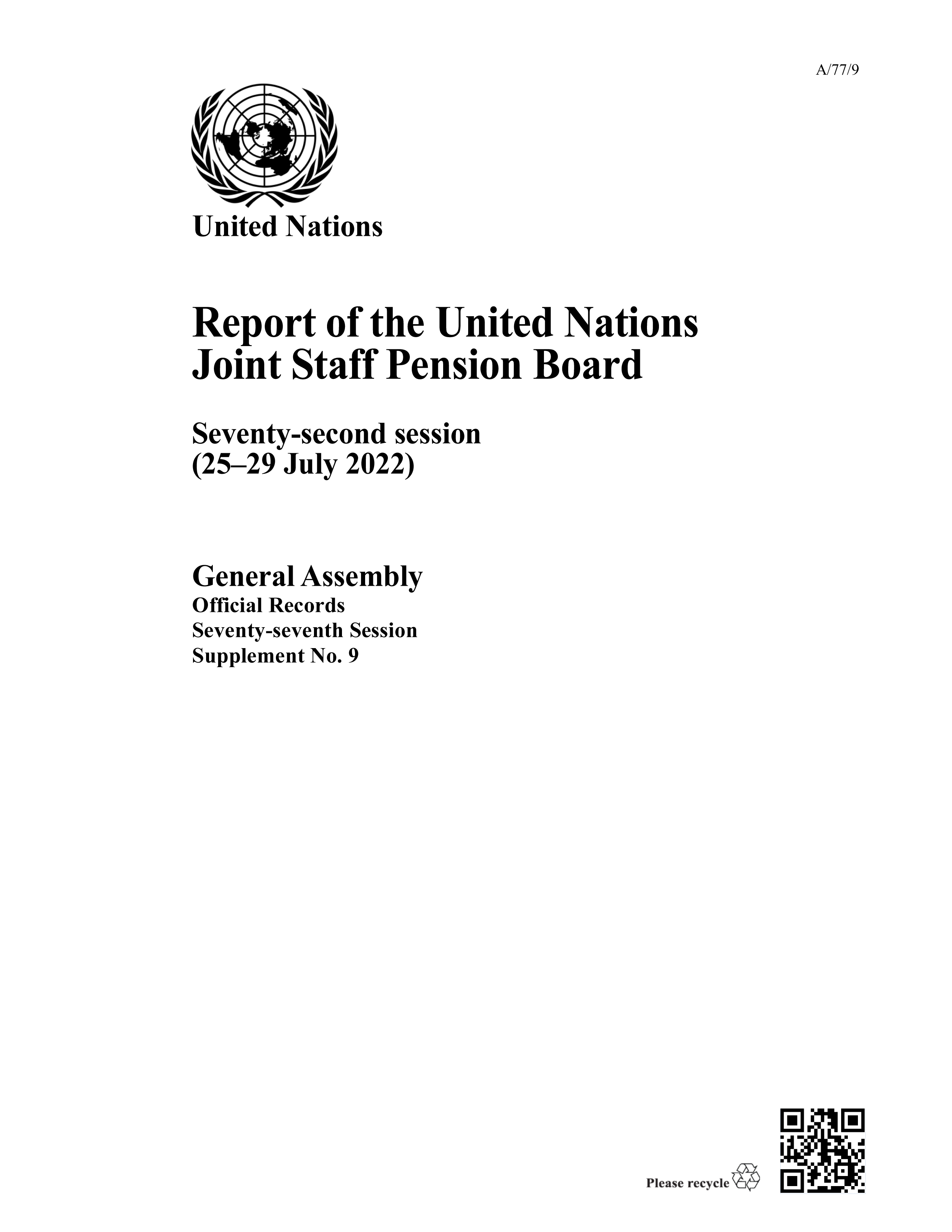 image of Report of the United Nations Joint Staff Pension Board