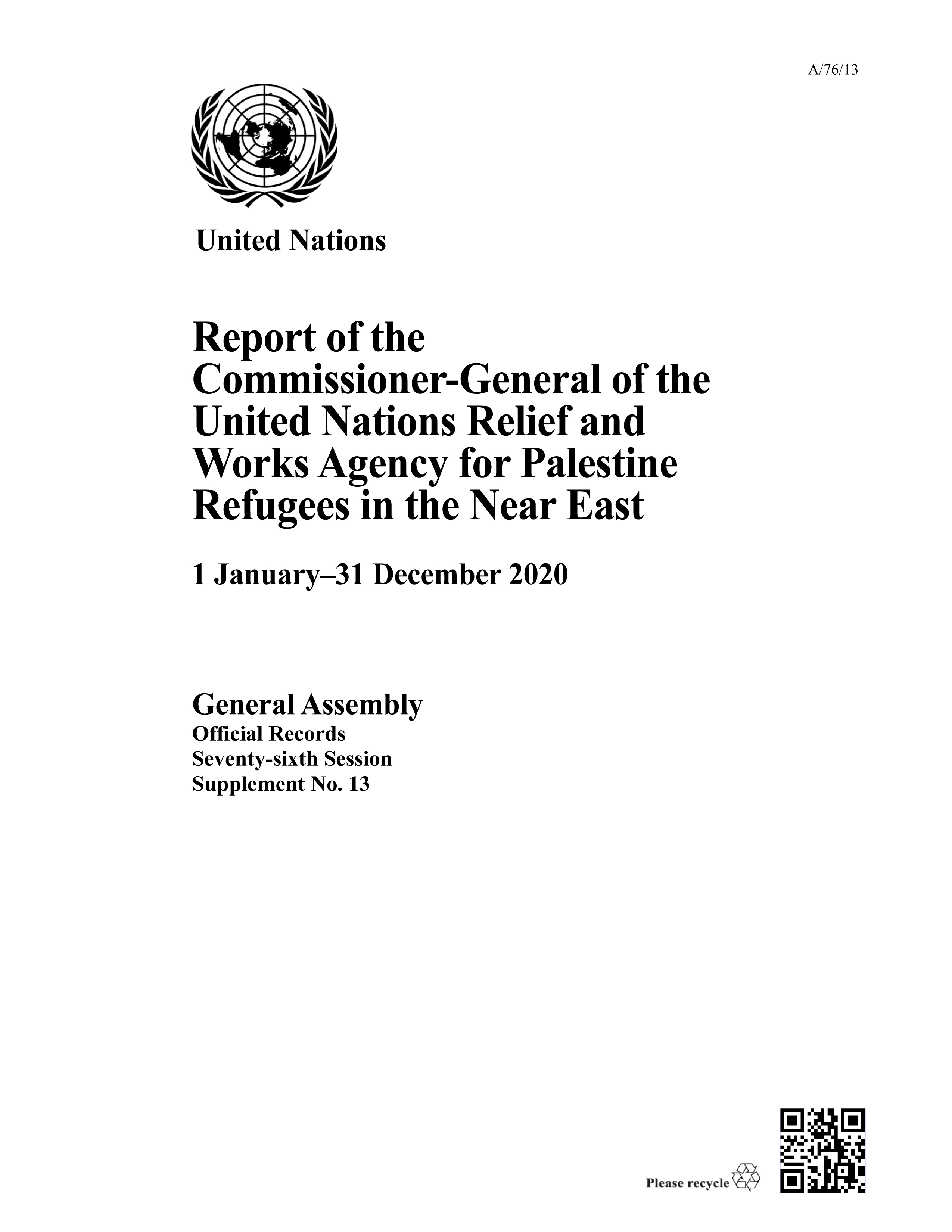image of Report of the Commissioner-General of the United Nations Relief and Works Agency for Palestine Refugees in the Near East