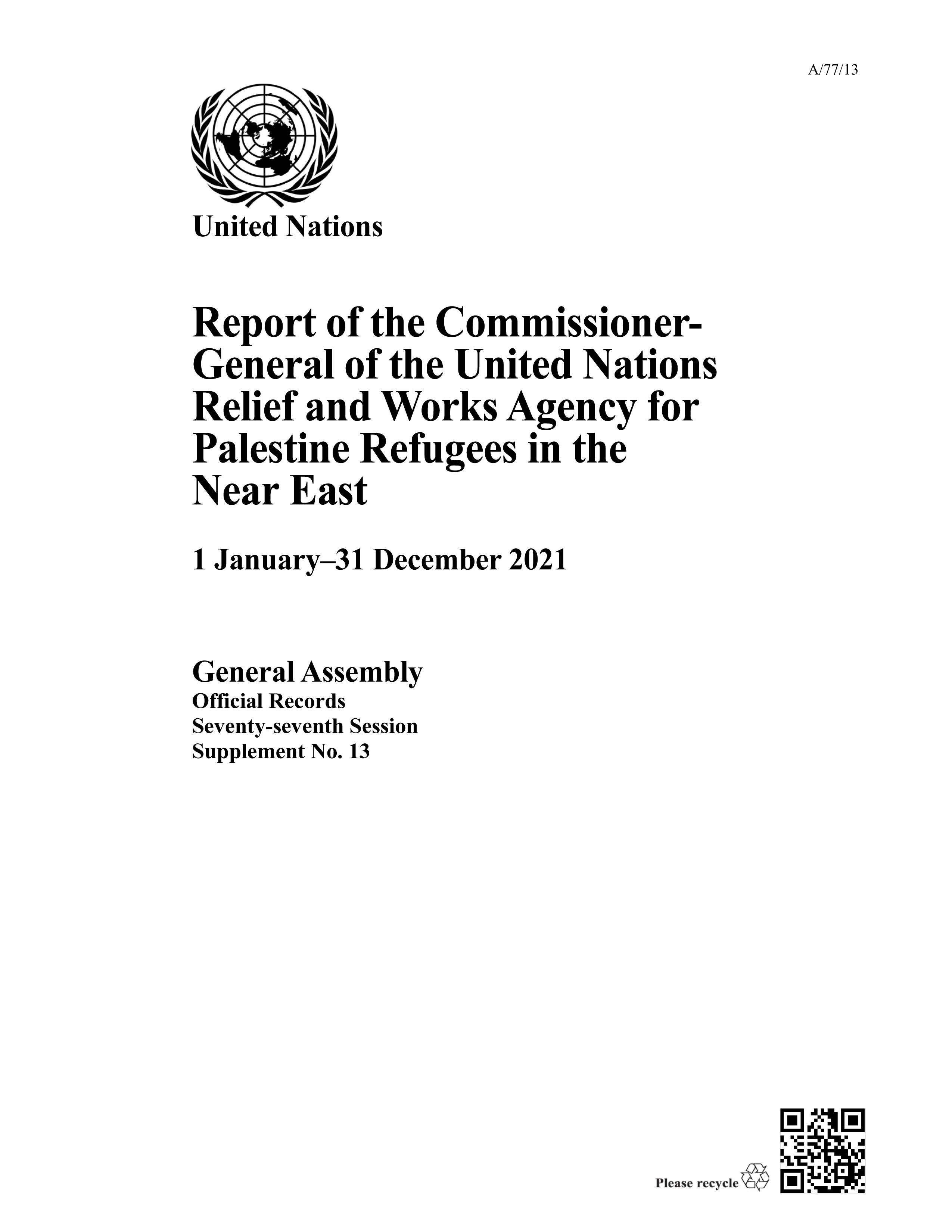 image of Report of the Commissioner-General of the United Nations Relief and Works Agency for Palestine Refugees in the Near East
