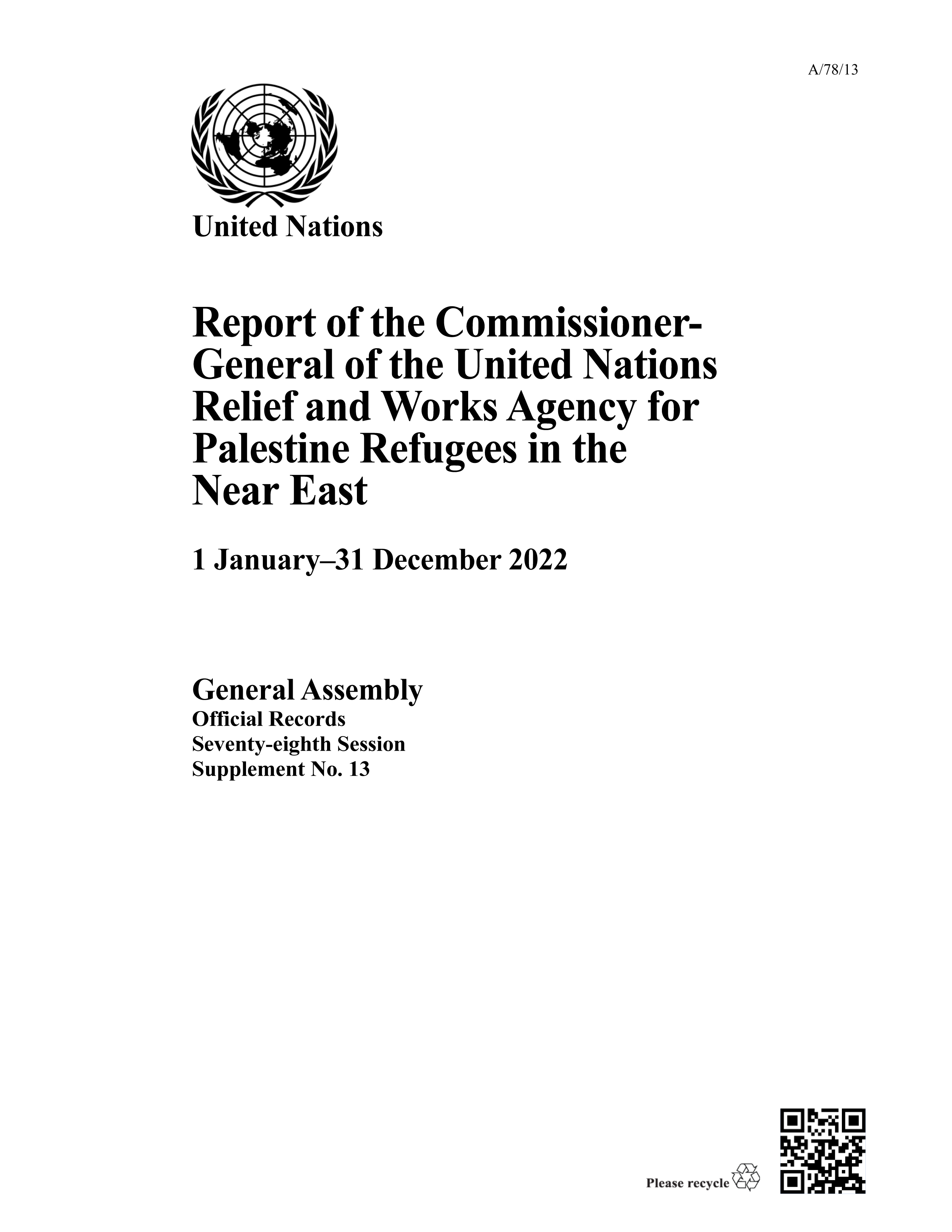 image of Report of the Commissioner-General of the United Nations Relief and Works Agency for Palestine Refugees in the Near East