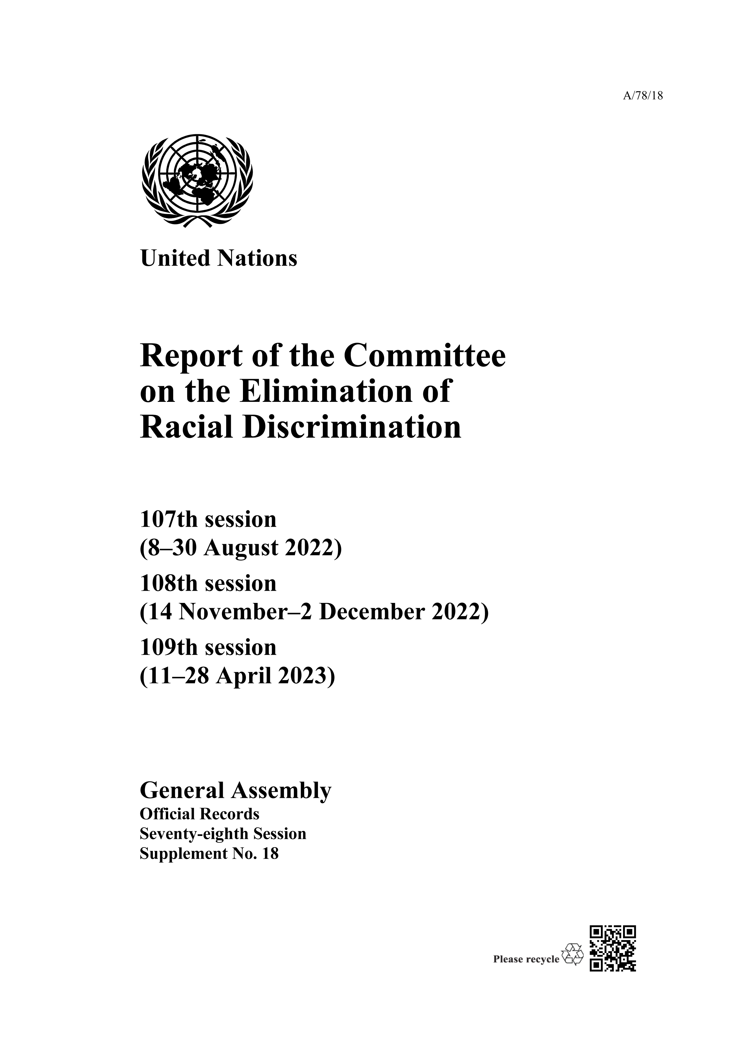 image of Report of the Committee on the Elimination of Racial Discrimination, Seventy-eighth Session