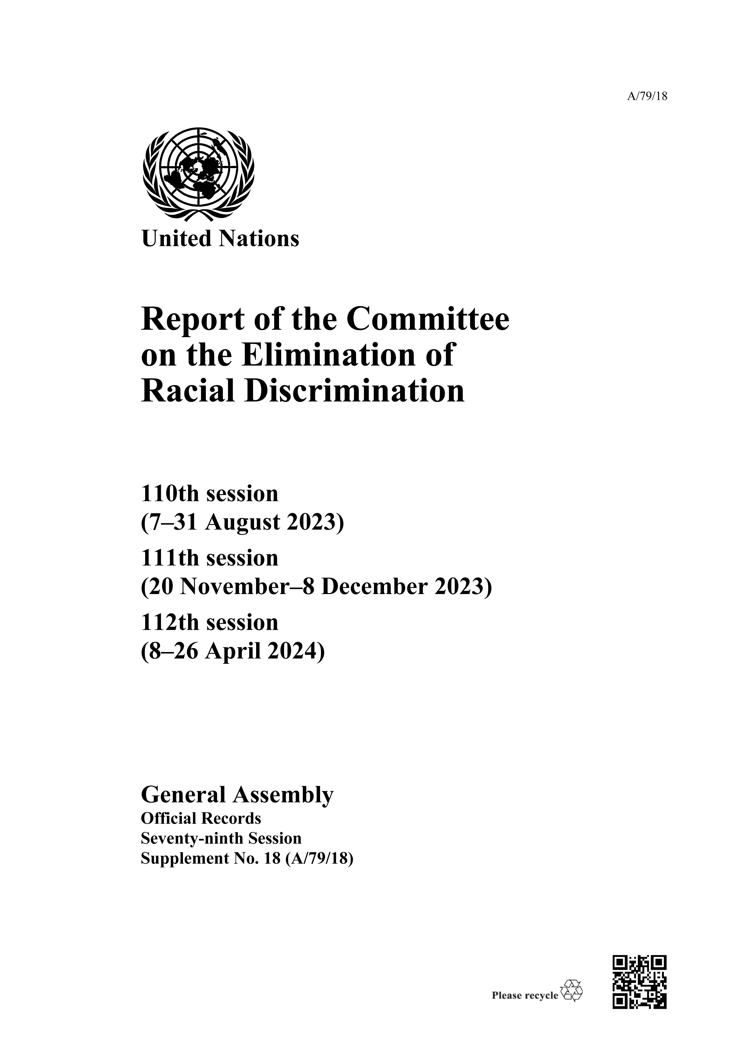 image of Report of the Committee on the Elimination of Racial Discrimination, Seventy-ninth Session