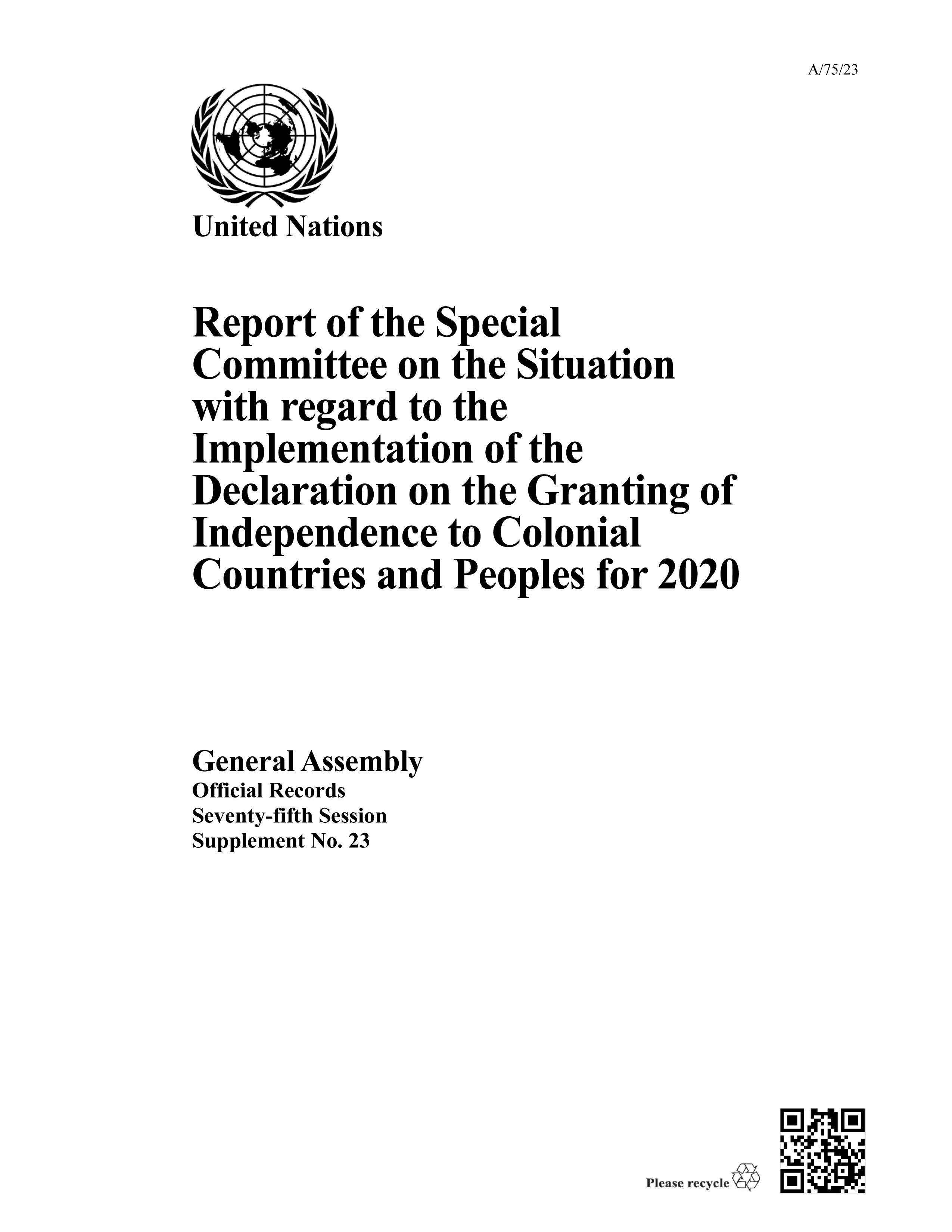 image of Report of the Special Committee on the Situation with regard to the Implementation of the Declaration on the Granting of Independence to Colonial Countries and Peoples for 2020