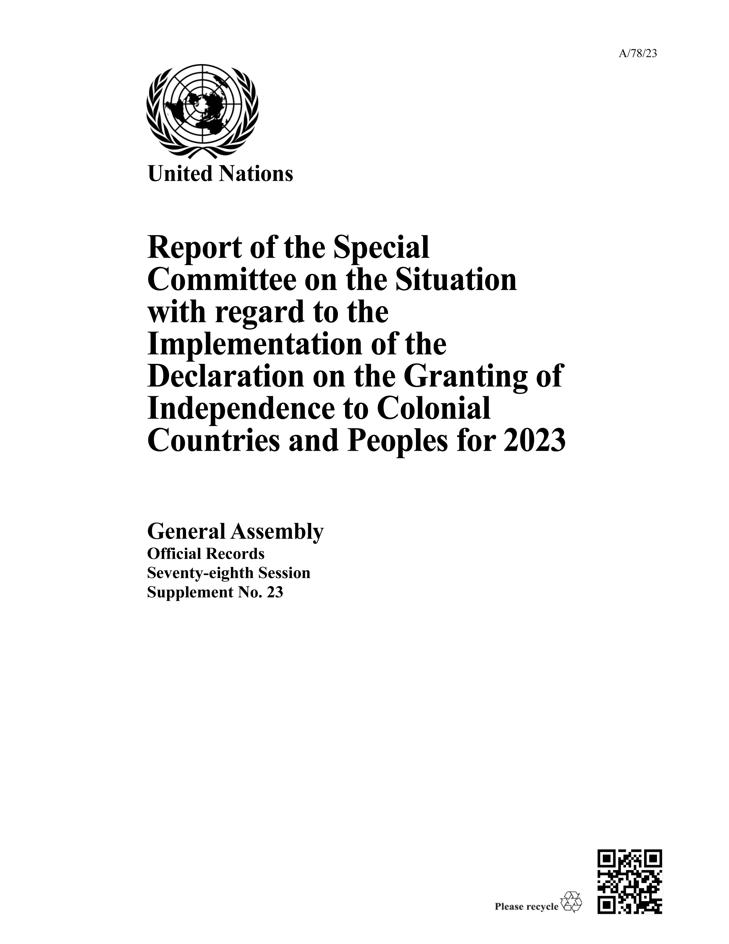 image of Report of the Special Committee on the Situation with regard to the Implementation of the Declaration on the Granting of Independence to Colonial Countries and Peoples for 2023
