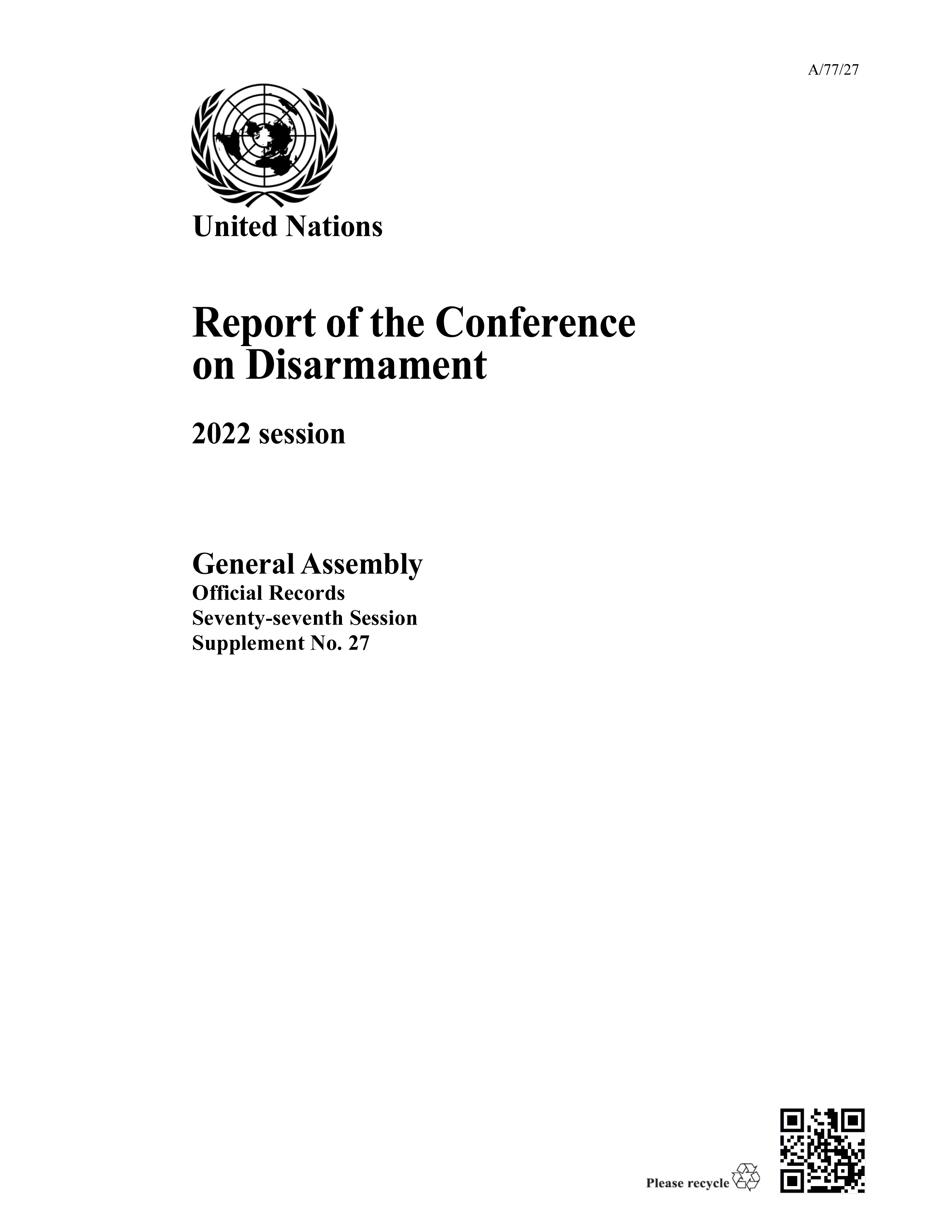 image of Report of the Conference on Disarmament: 2022 Session image of Report of the Conference on Disarmament: 2022 Session