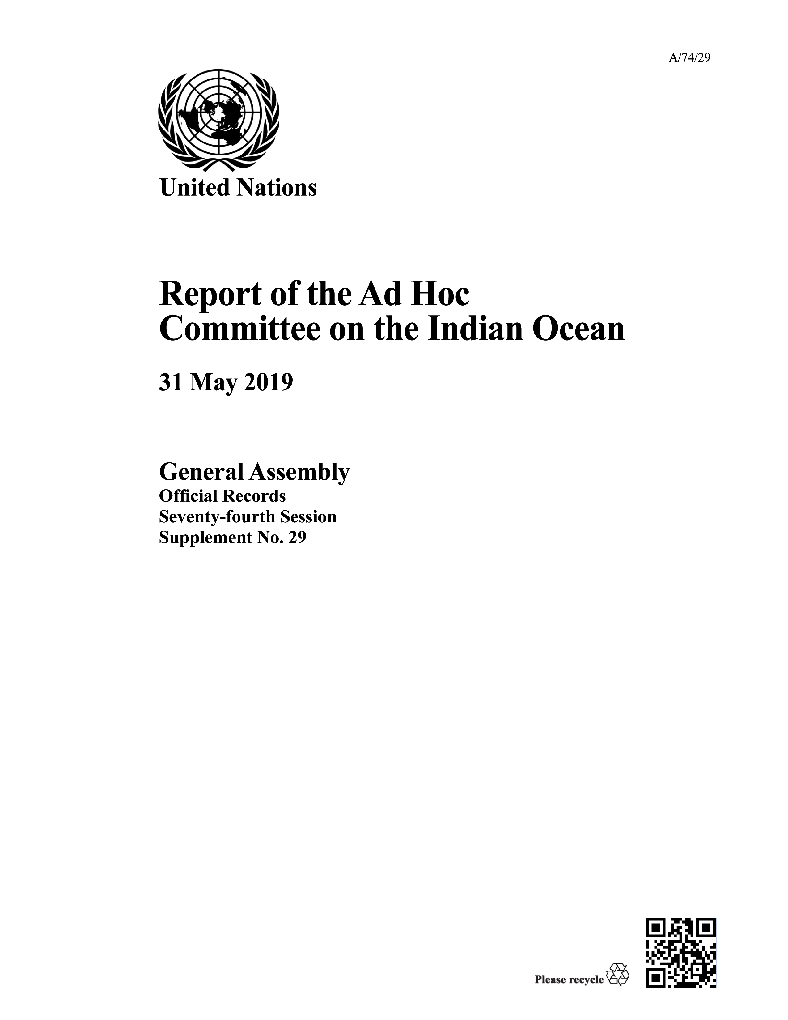 image of Report of the Ad Hoc Committee on the Indian Ocean: 31 May 2019