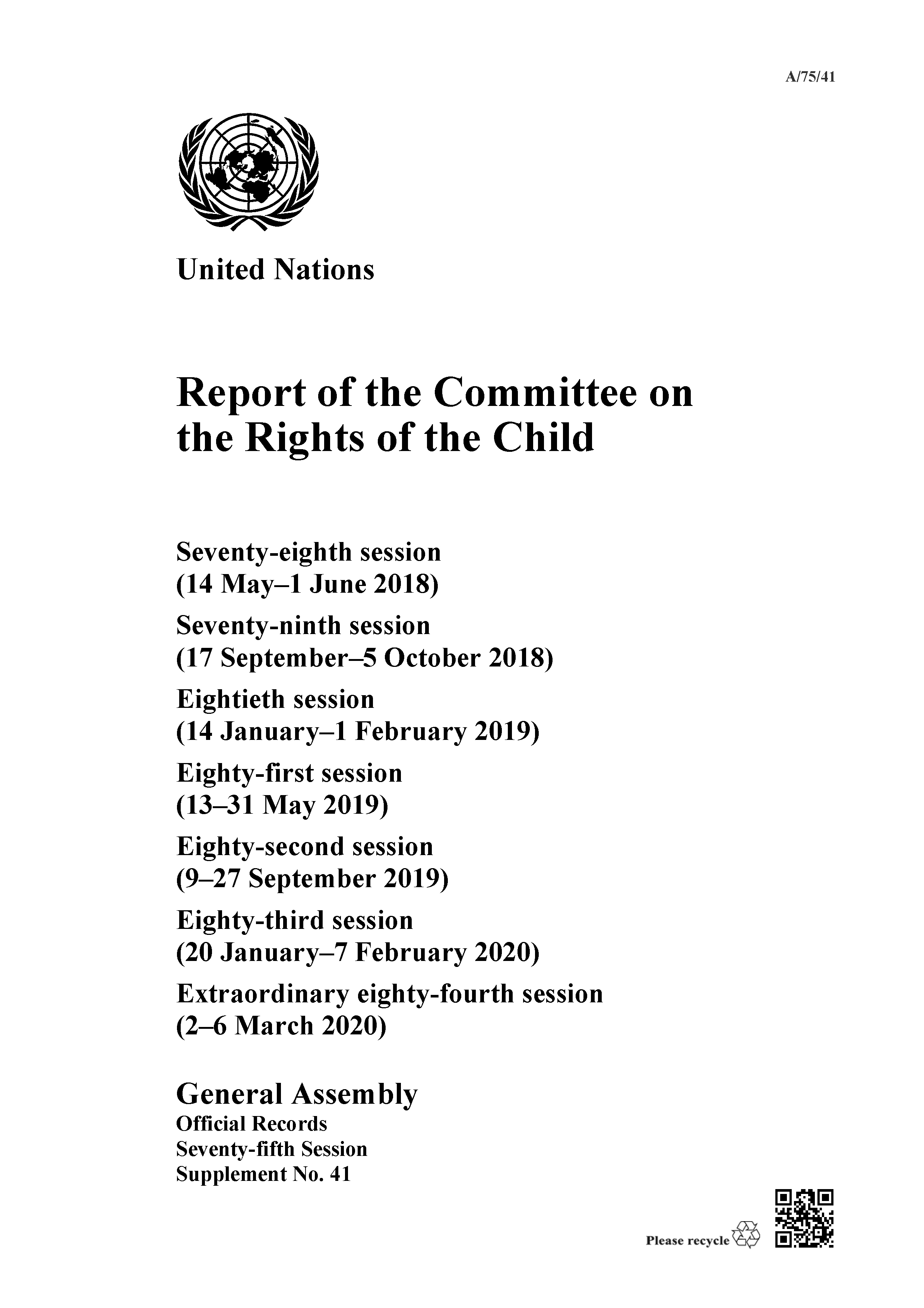 image of Report of the Committee on the Rights of the Child: Seventy-fifth Session
