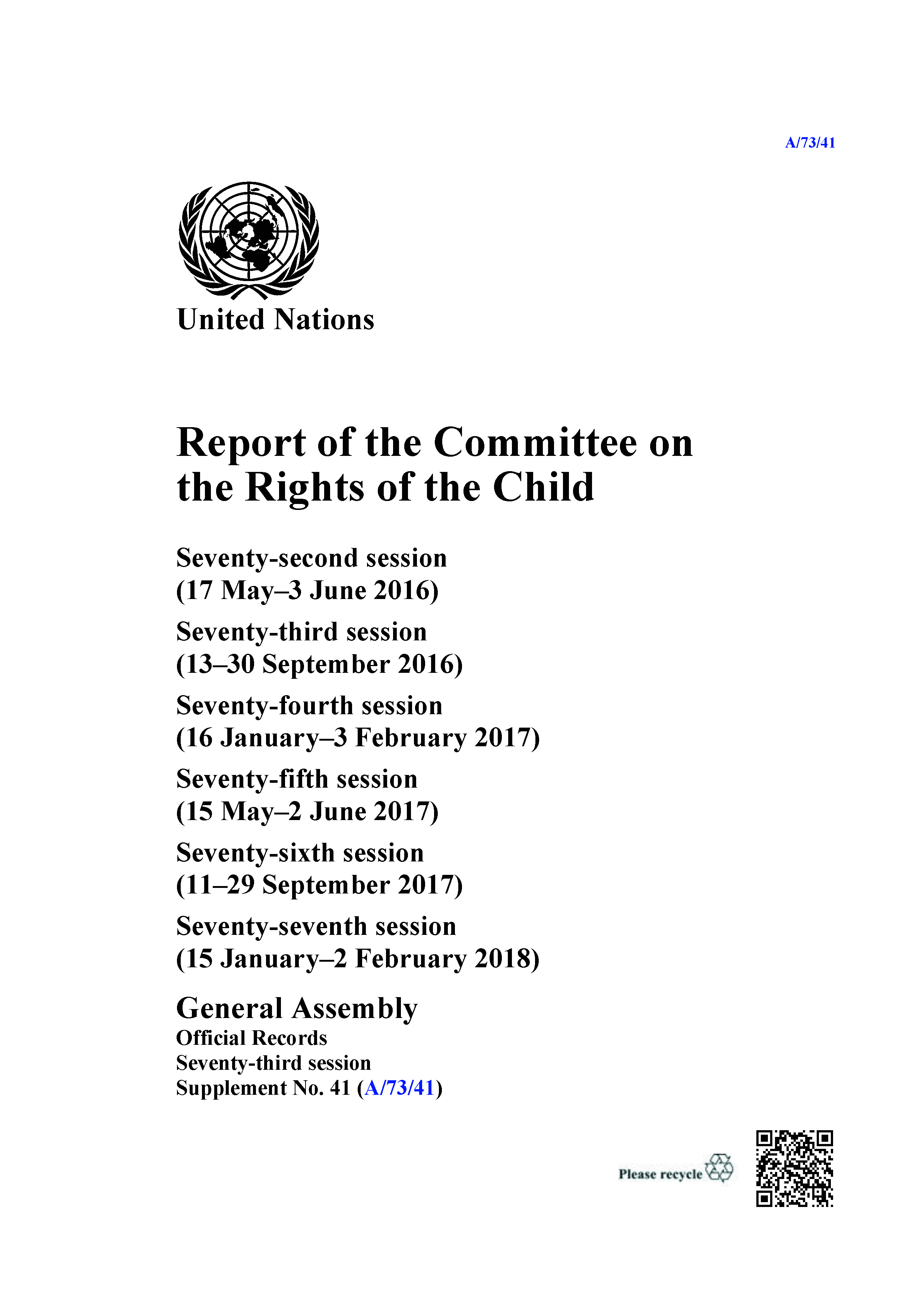 image of Report of the Committee on the Rights of the Child: Seventy-third Session