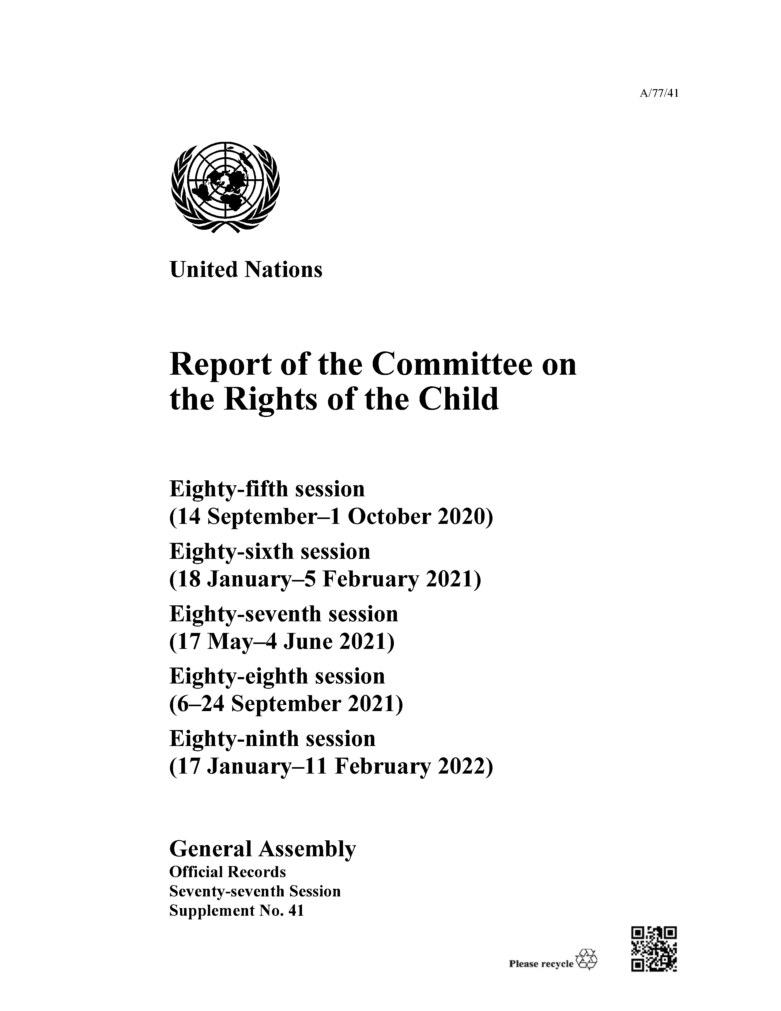 image of Report of the Committee on the Rights of the Child: Seventy-seventh Session