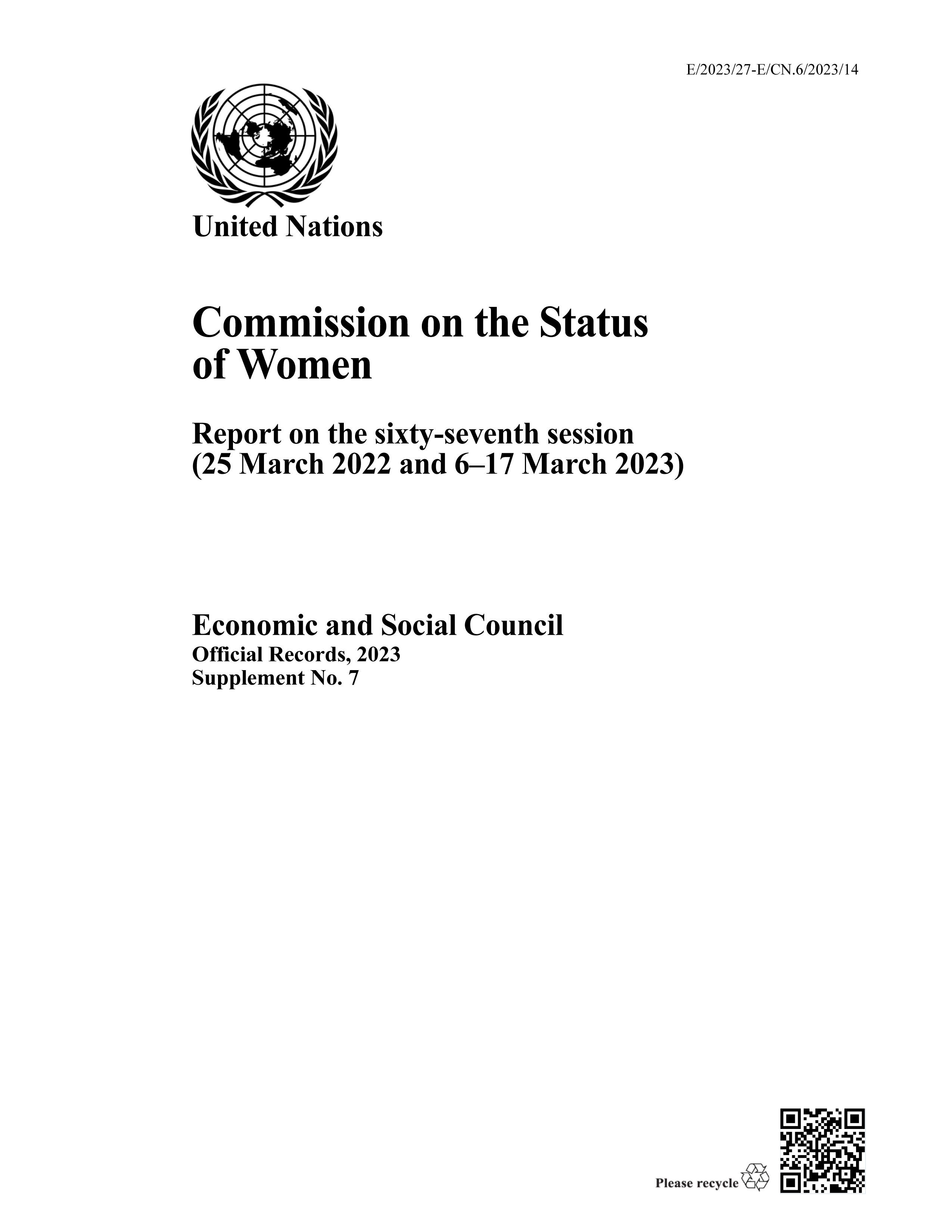image of Report of the Commission on the Status of Women 2023