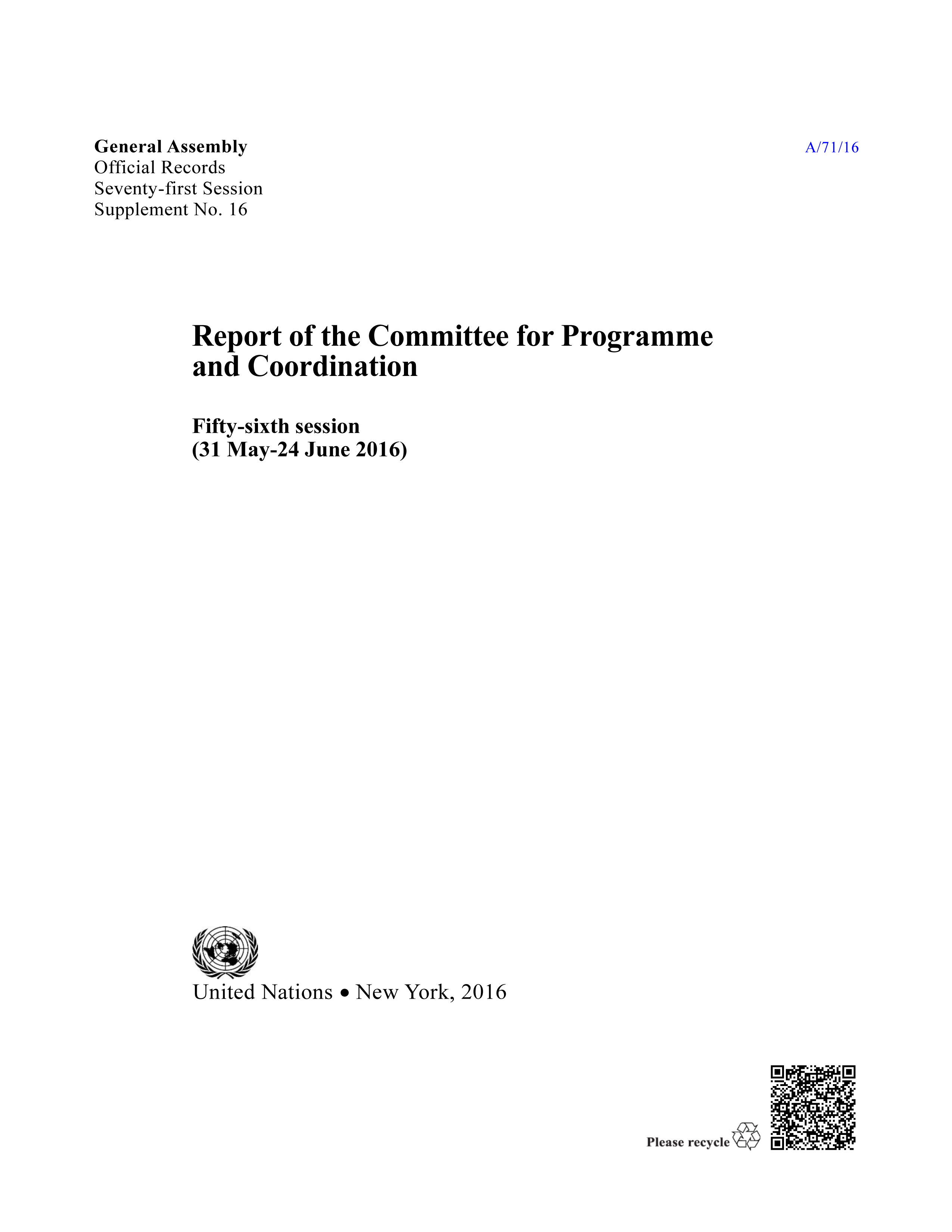 image of Report of the Committee for Programme and Coordination