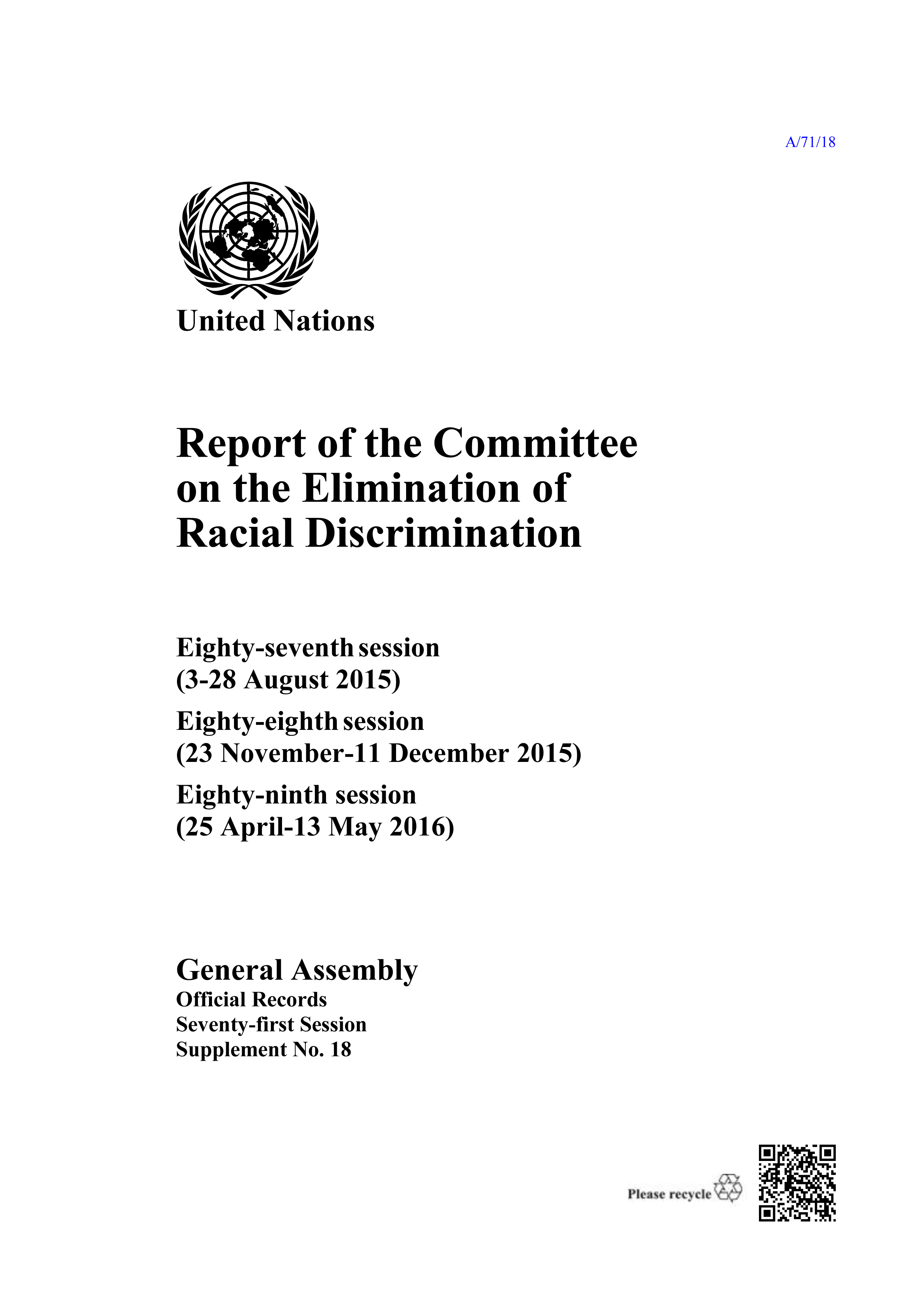 image of Report of the Committee on the Elimination of Racial Discrimination, Seventy-first Session