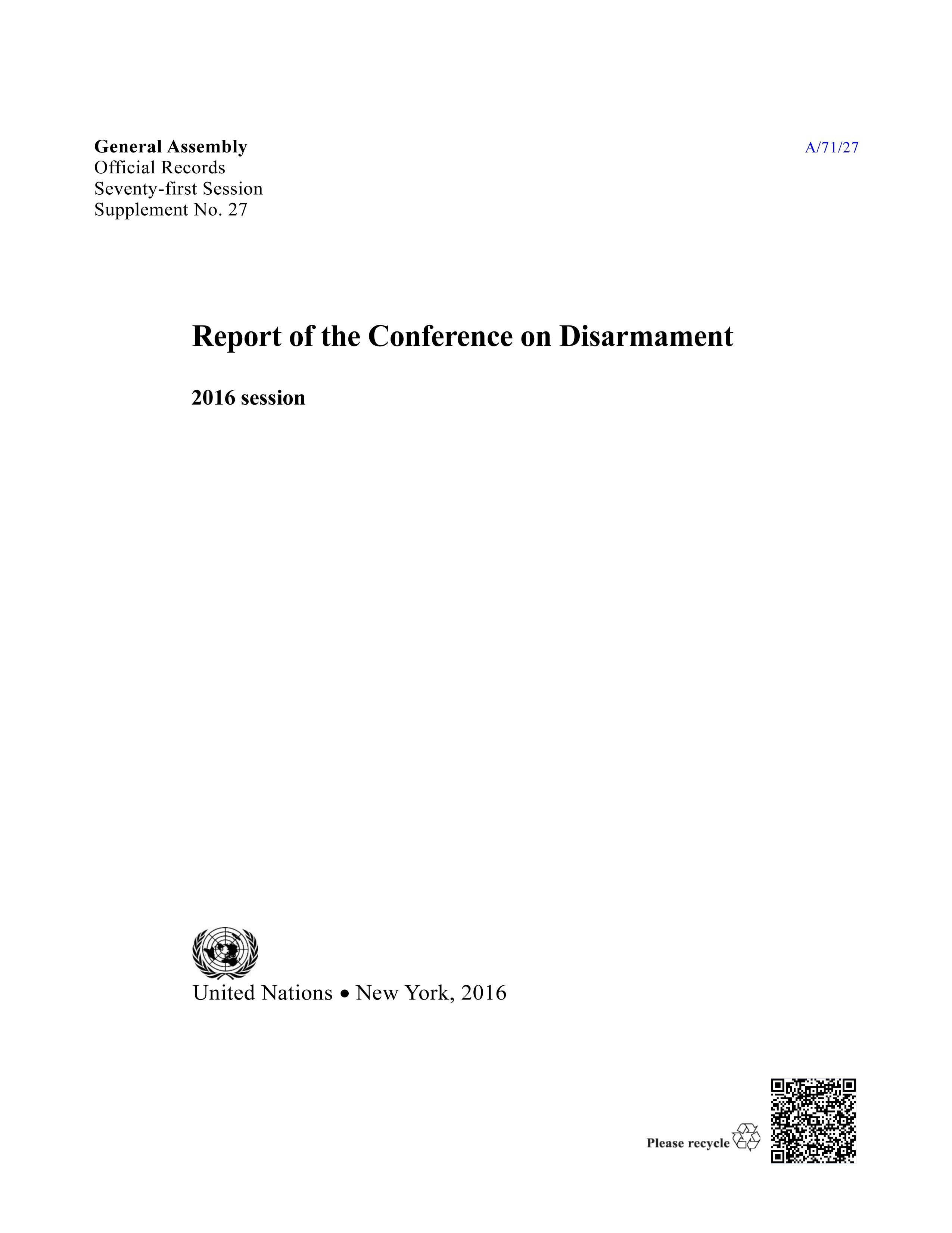 image of Report of the Conference on Disarmament: 2016 Session