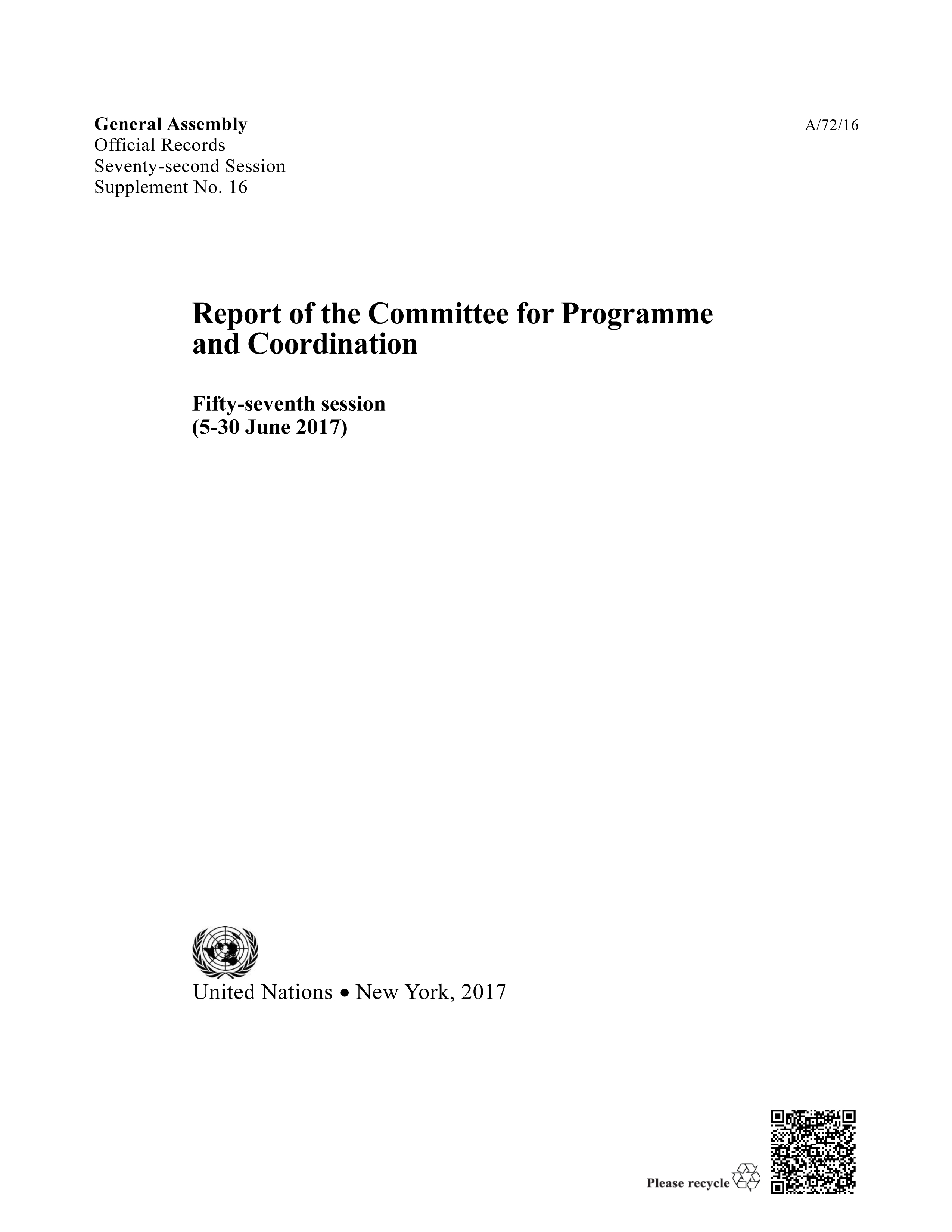 image of Report of the Committee for Programme and Coordination