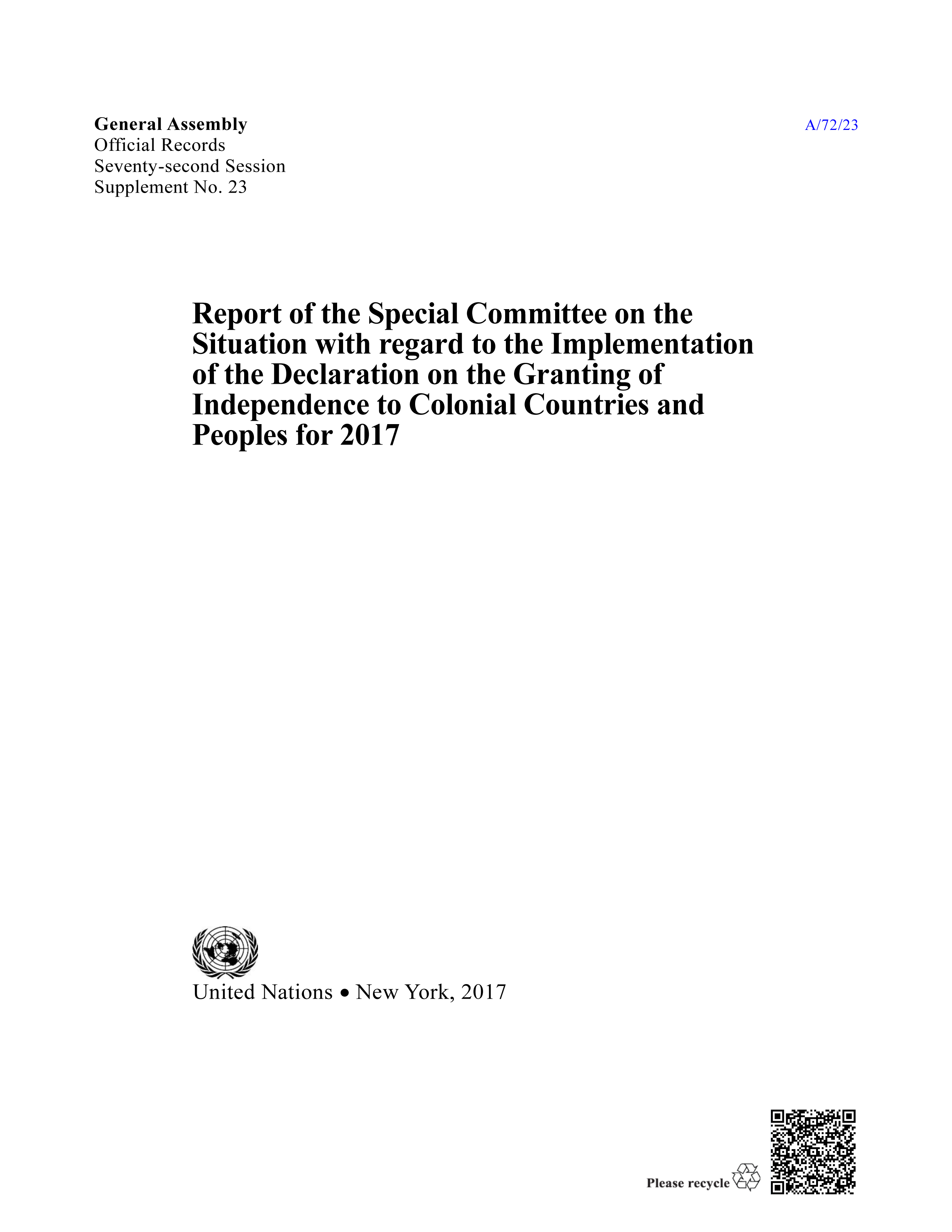 image of Report of the Special Committee on the Situation with regard to the Implementation of the Declaration on the Granting of Independence to Colonial Countries and Peoples for 2017