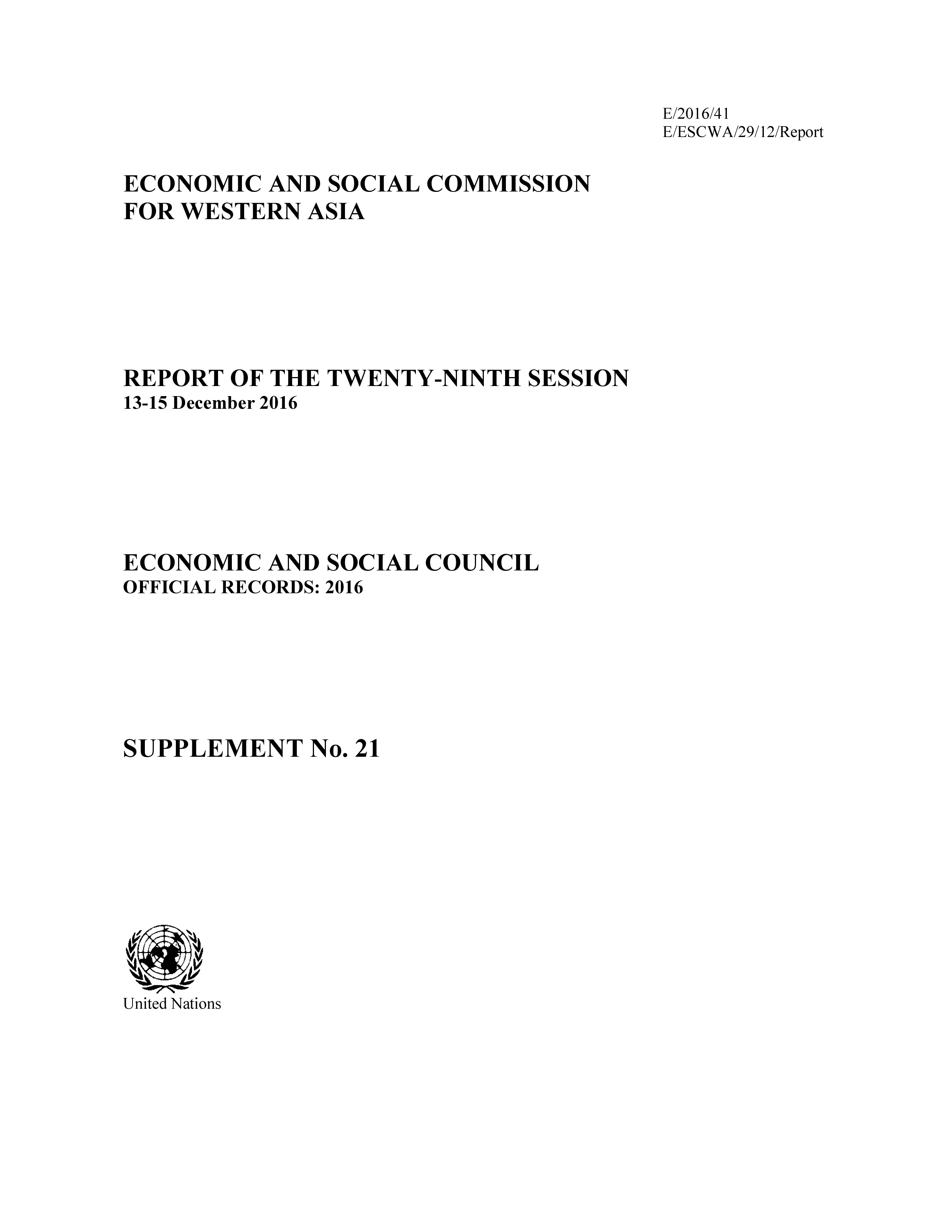image of Report of the Economic and Social Commission for Western Asia 2016