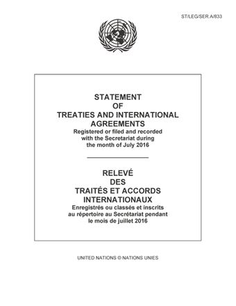 image of Traités et accords internationaux enregistrés pendant le mois de Juillet 2016: Nos 53767 à 53843